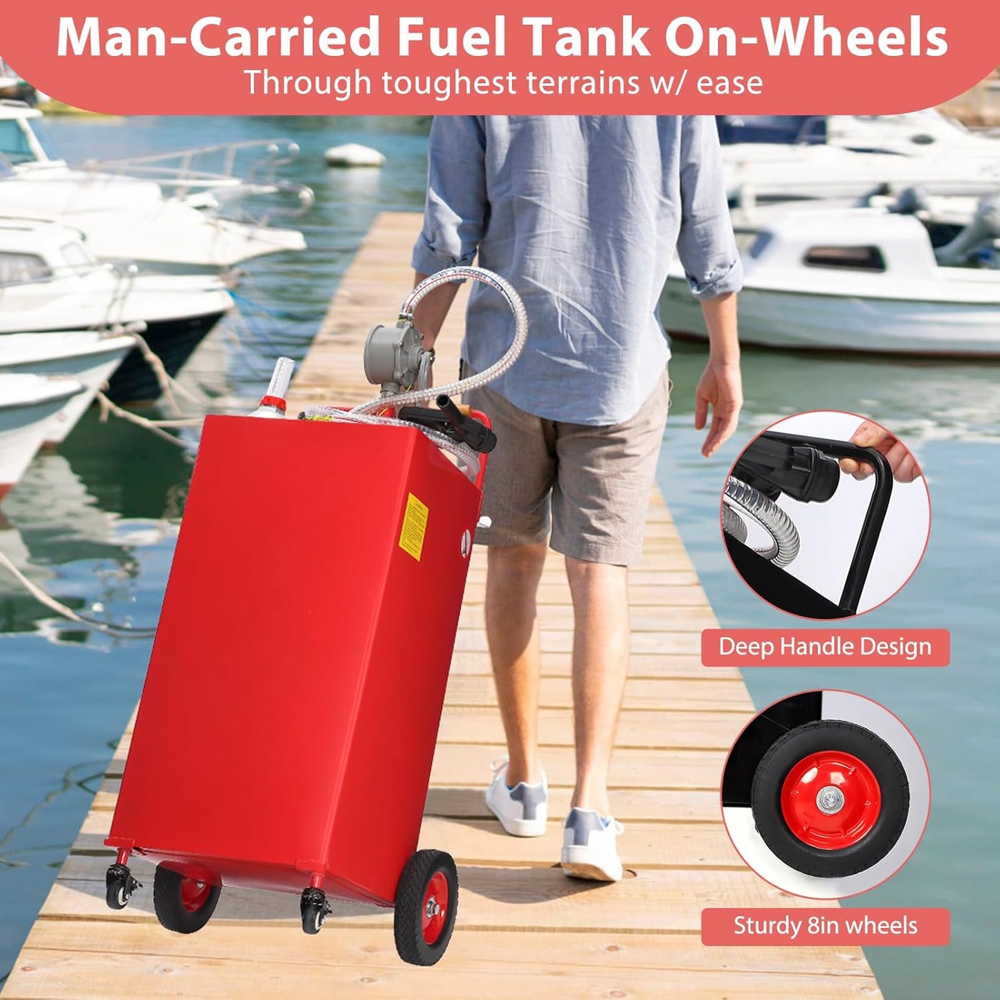 35 Gallon Gas & Diesel Fuel Caddy with Transfer Pump – Mobile Fuel Storage Tank with 4-Wheel Cart for Boats, Lawn Mowers, Snowblowers, Motorcycles & Construction Equipment - Red