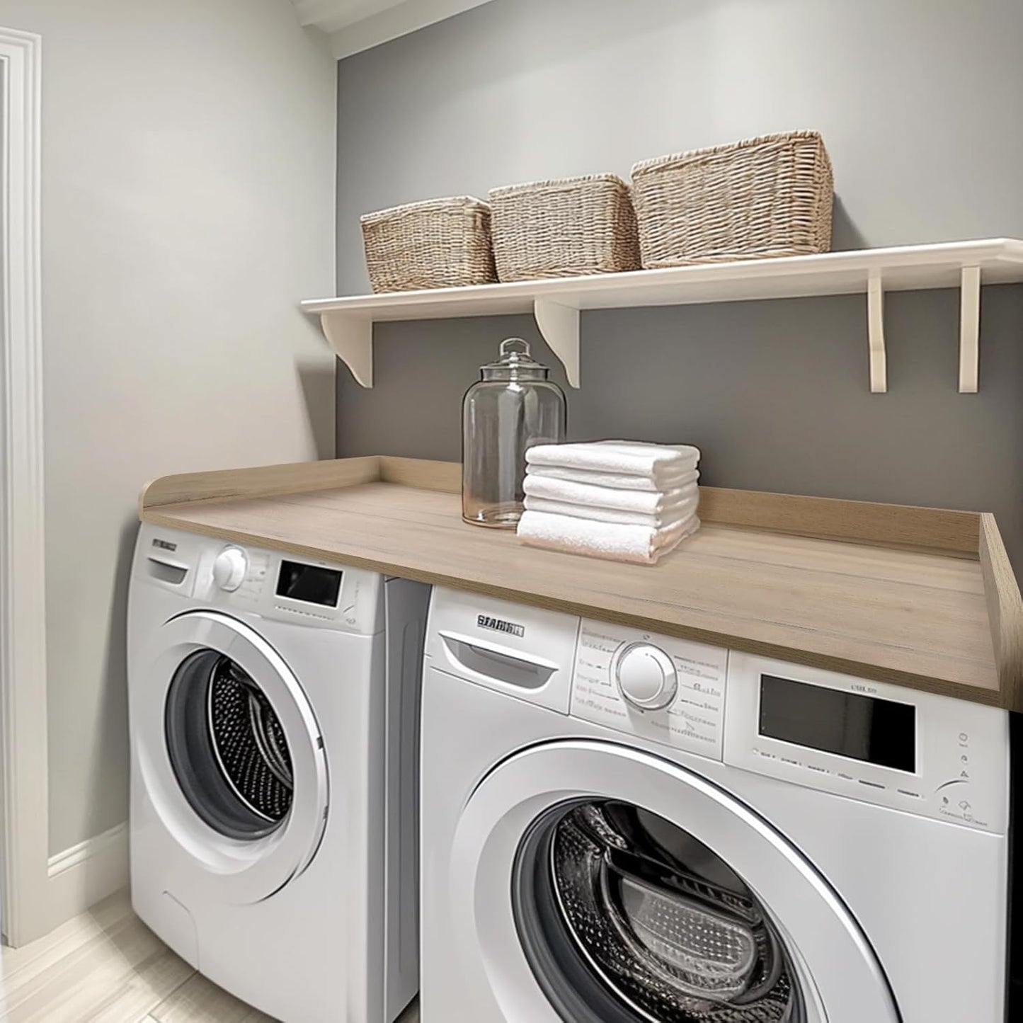 Kaboon Washer Dryer Countertop 58" x 28" Extra Large Version, Melamine Countertop with 3.5" Edge Rails, Laundry Room Organization, Oak(Grey Tone)