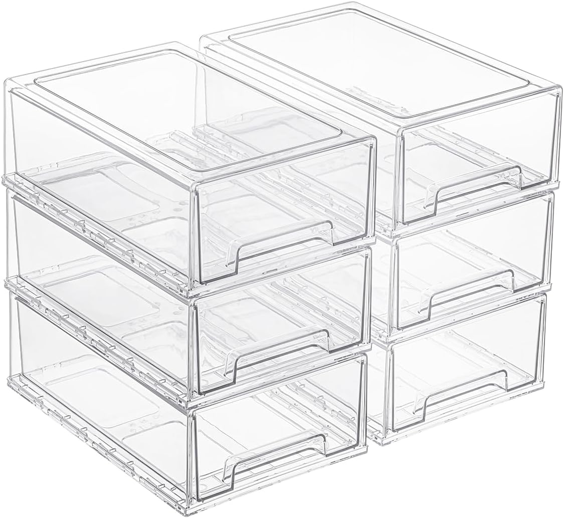 6 Pack Stackable Pull-Out Storage Drawers，Plastic Clear Organizer Bins with Handles，Easily Clean for Craft, and Toy Organization，Kitchen Undersink，Cabinet，Fridge，Closet，Pantry，Office，Bathroom
