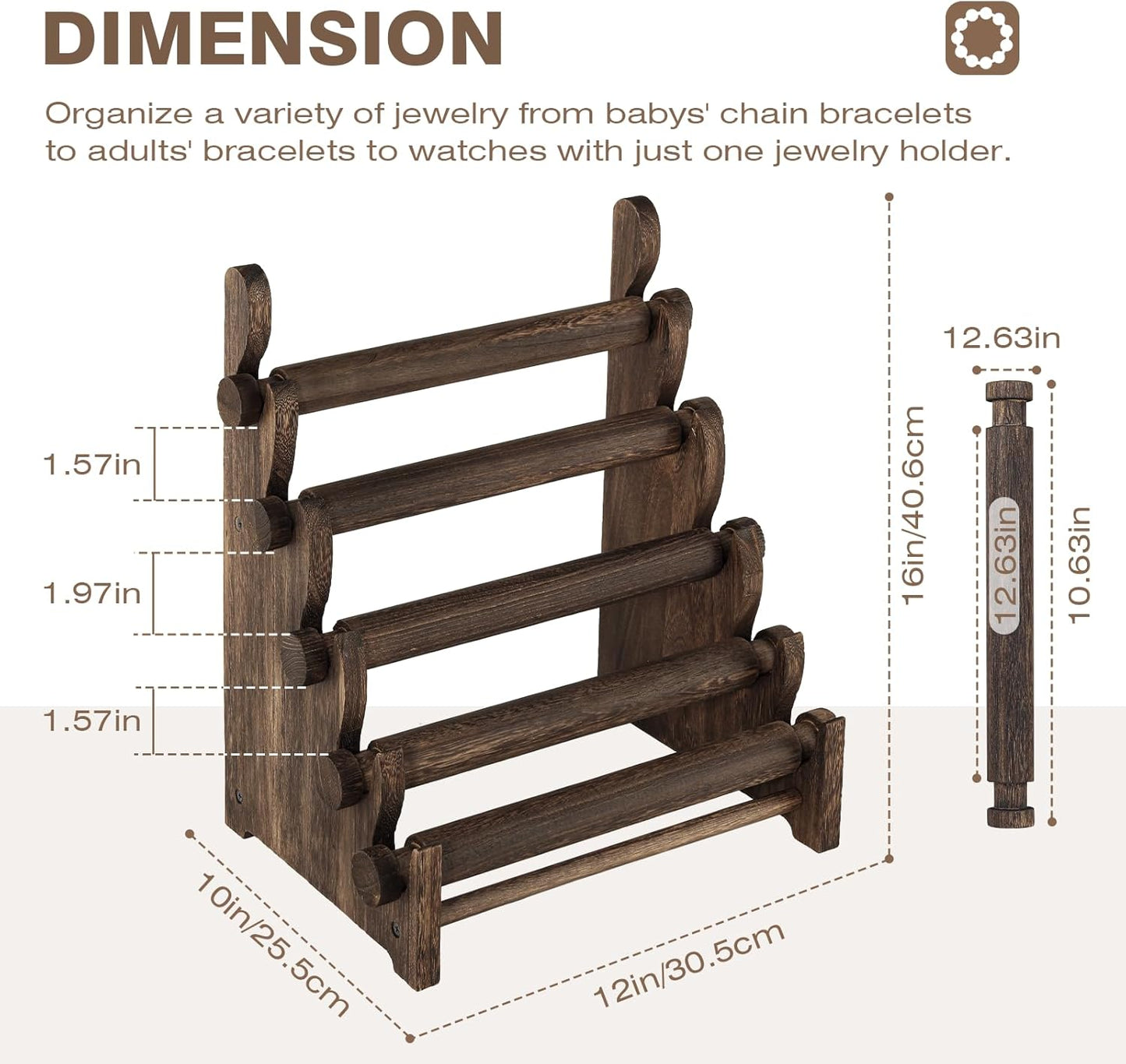 TOPNEW 5 Tier Wooden Bracelet Holder, Scrunchie Bangle Watch Necklace Display Storage Jewelry Holder Stand Display Organizer, Brown