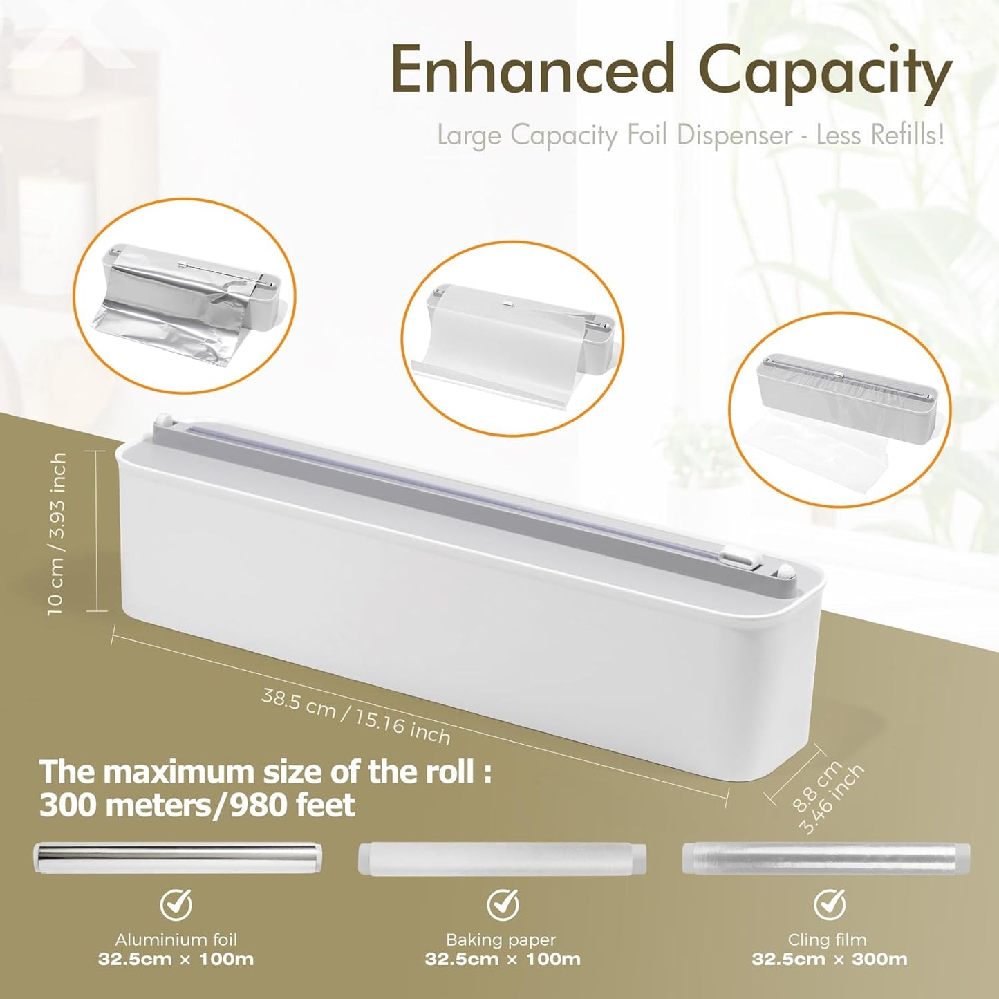 Aluminum Foil & Plastic Wrap Dispenser with Cutter - Magnetic & No-Drill Wall Mount, Cling Film Dispenser for Countertops & Cabinets, Space-Saving Kitchen Organizer - Fits 300 m Rolls, White