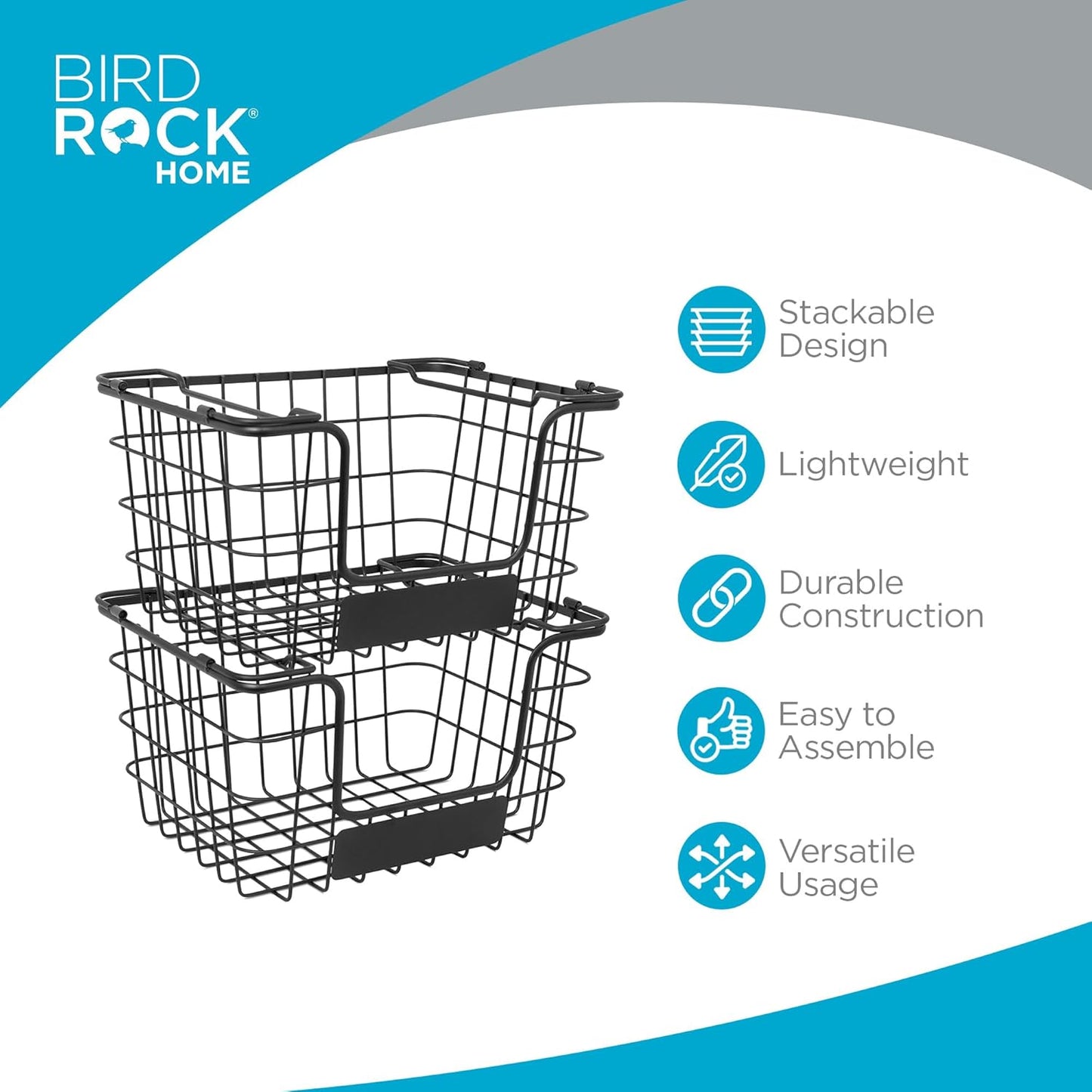 BIRDROCK HOME Stacking Wire Market Baskets with Chalk Label | Set of 2 | Fruit Vegetable Produce Metal Storage Bin for Kitchen Counter | Black