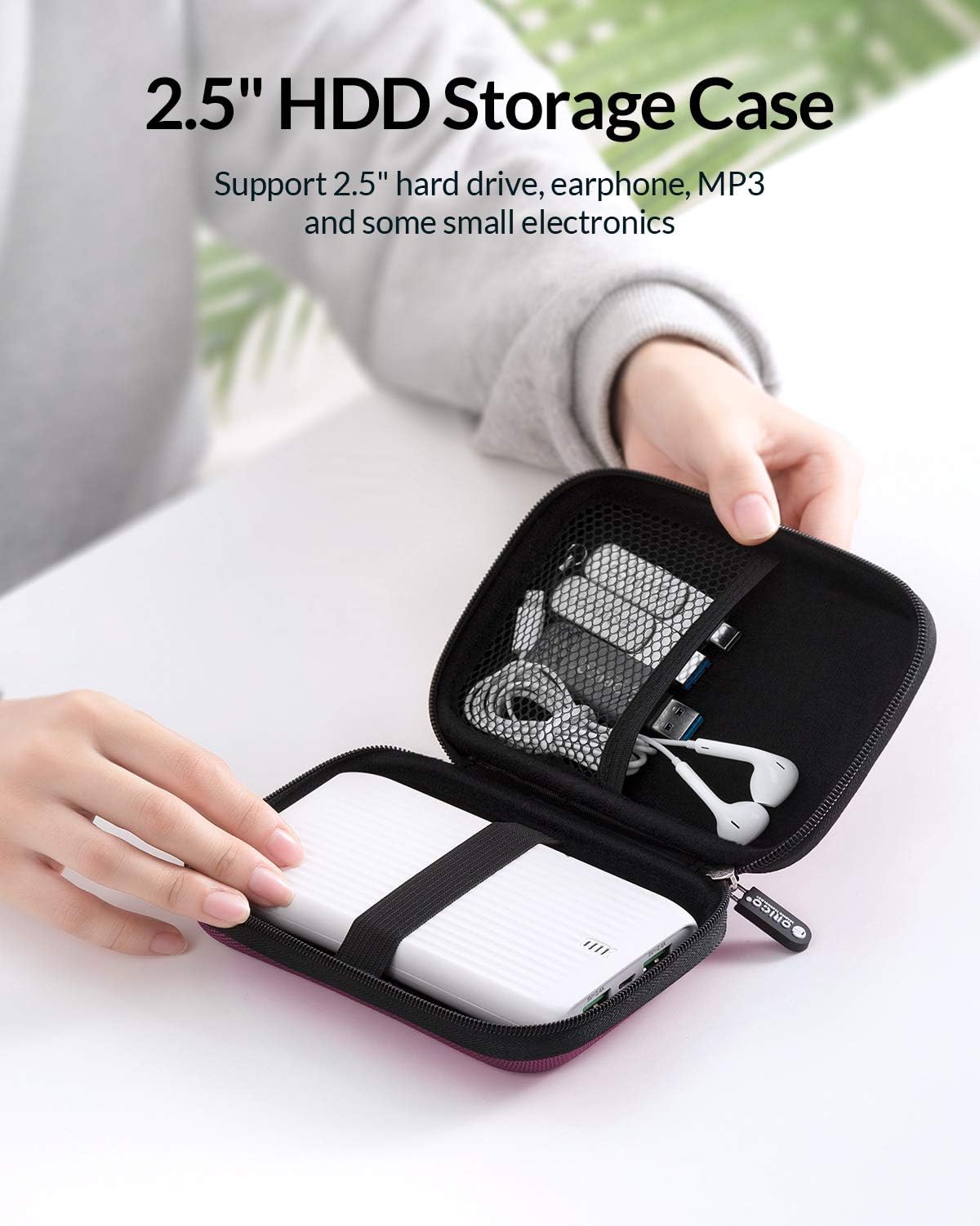 ORICO Hard Drive Case 2.5 inch External Drive Storage Carrying Bag Waterproof Shockproof with Inner Size 5.5x3.5x1.0inch for Organizing HDD and Electronic Accessories, Purple(PHD-25)
