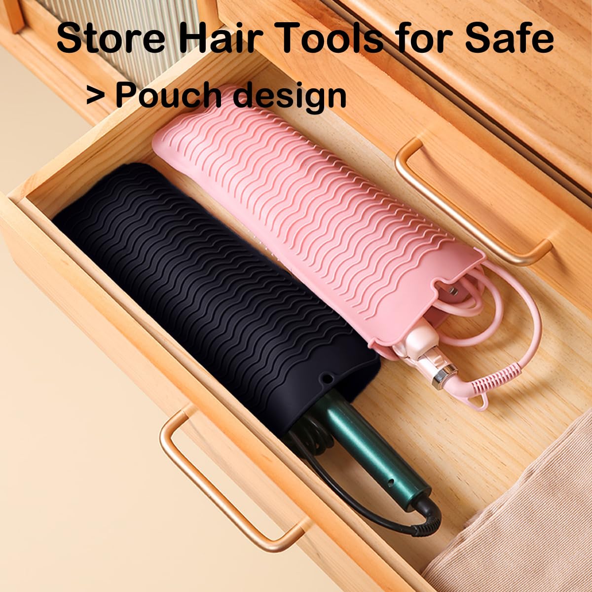 Heat Resistant Silicone Mat with Hanging Hole, Straightener Heat Resistant Travel Mat & Pouch for Curling Iron, Flat Iron and Other Hot Hair Styling Tools, 11 x 5 in, Black