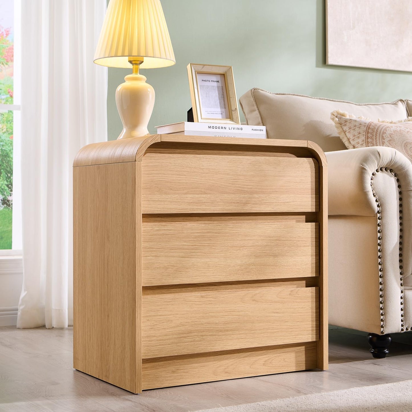 25" Tall Modern Nightstand with Charging Station, 23.6'' Wide Wood Bedside Table w/3 Storage Drawers, Small Dresser w/Curved Profile Design, End Table for Bedroom, Natural Oak
