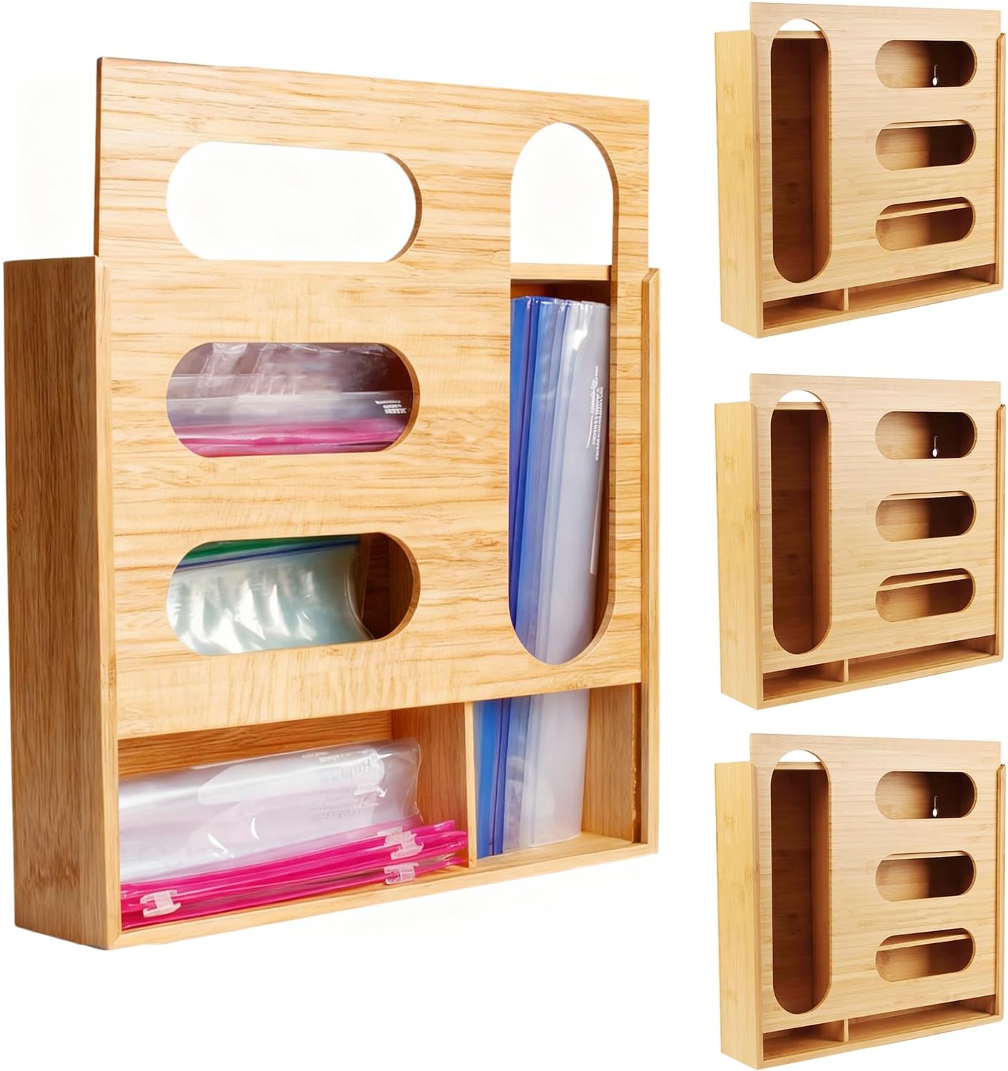 Storage Bag Organizer, Bamboo Ziplock Holder Baggie Organizer for Drawer and Wall Mount, Compatible with Gallon, Quart, Sandwich, Snack,DessertSize Bag (3)
