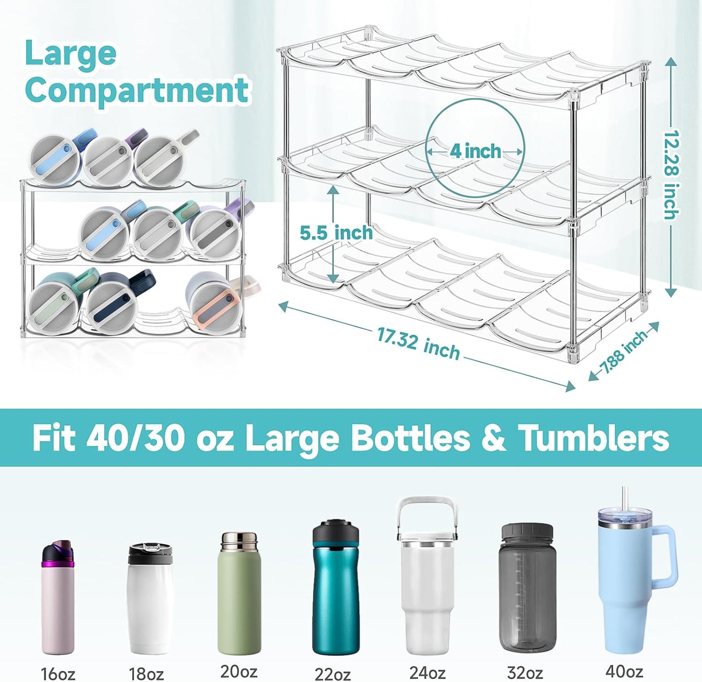 Stackable Water Bottle Organizer, Large Compartment Water Bottle Holder for Stanley 40 oz Tumbler, Kitchen Storage Organizer for Stanley Cup Accessories, Tumbler Organizer Wine Rack - Hold 12 Bottles