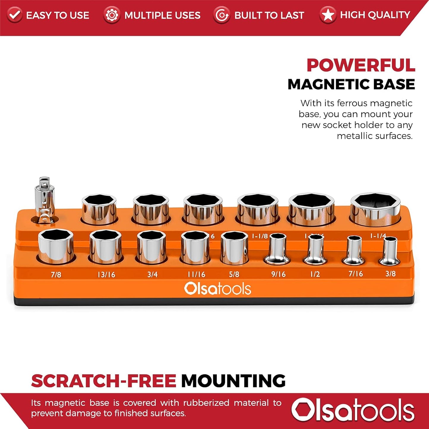 Olsa Tools Magnetic Socket Organizer | 1/2-inch Drive | SAE | Orange | Holds 16 Sockets | Professional Quality Tools Organizer