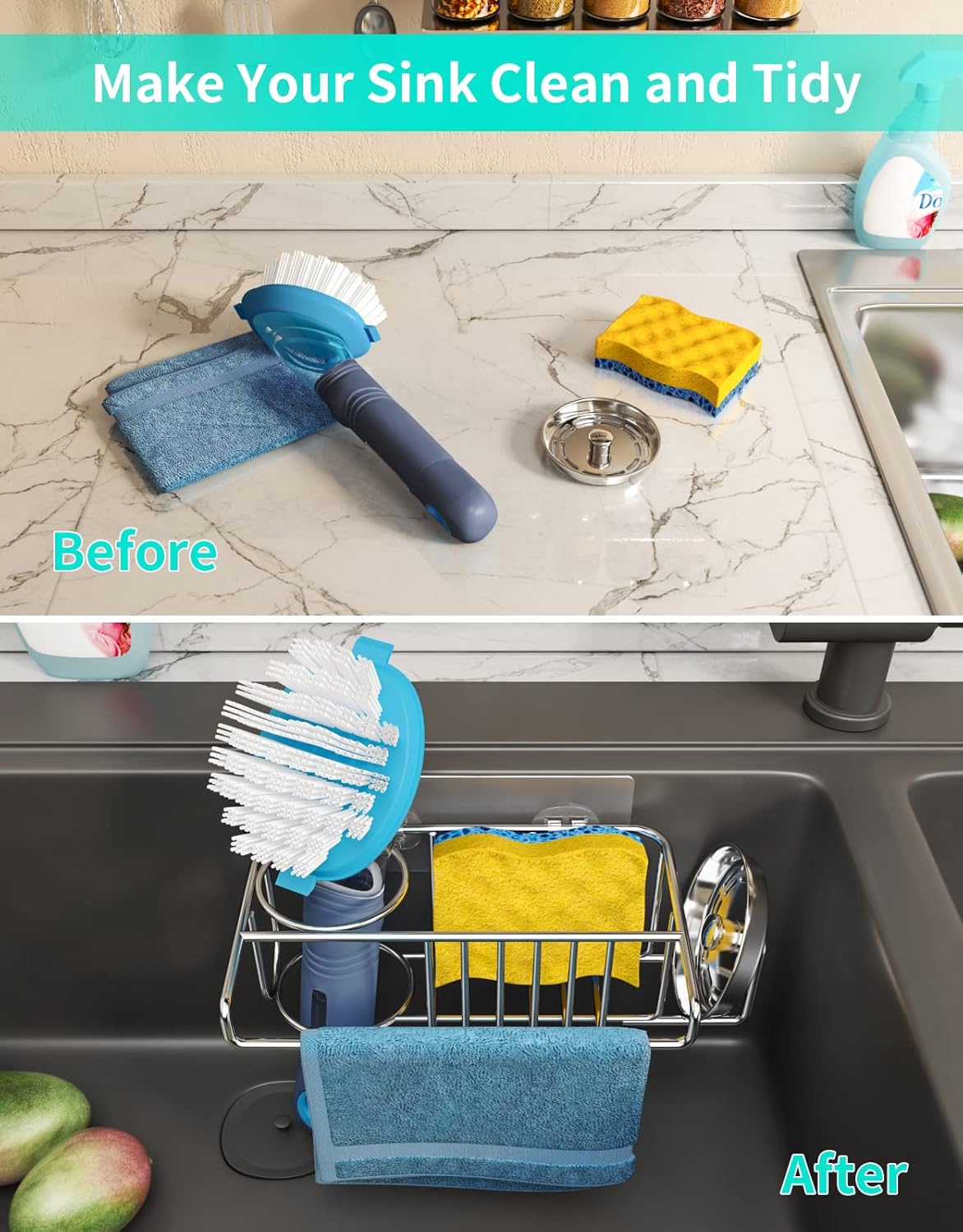 HapiRm Sink Caddy Sponge Holder - No Drill Sponge Caddy for Kitchen, Rustproof and Waterproof Kitchen Sink Organizer - Silver（2-Pack）