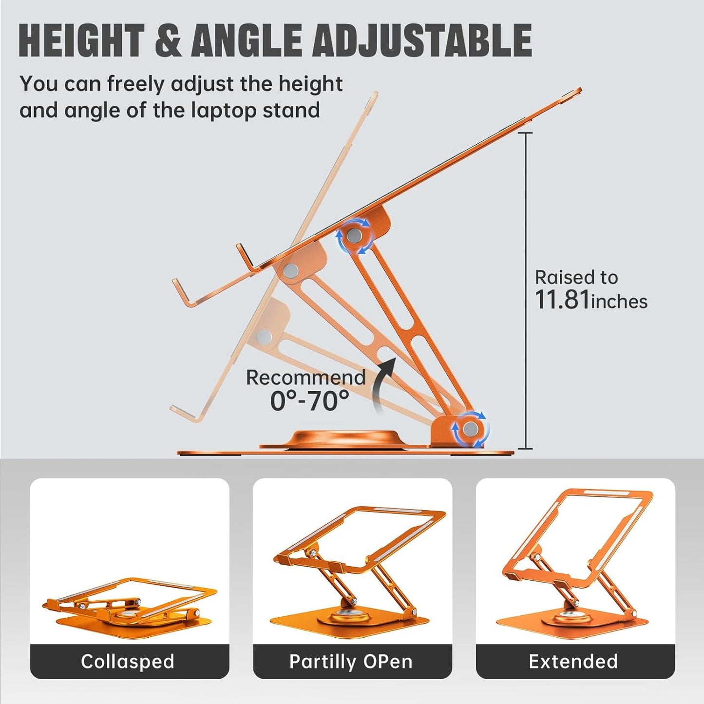 Laptop Stand for Desk, Adjustable Computer Stand with 360° Rotating Base, Ergonomic Laptop Riser for Collaborative Work, Foldable & Portable Laptop Stand, fits for All 10-16" Laptops (Orange)