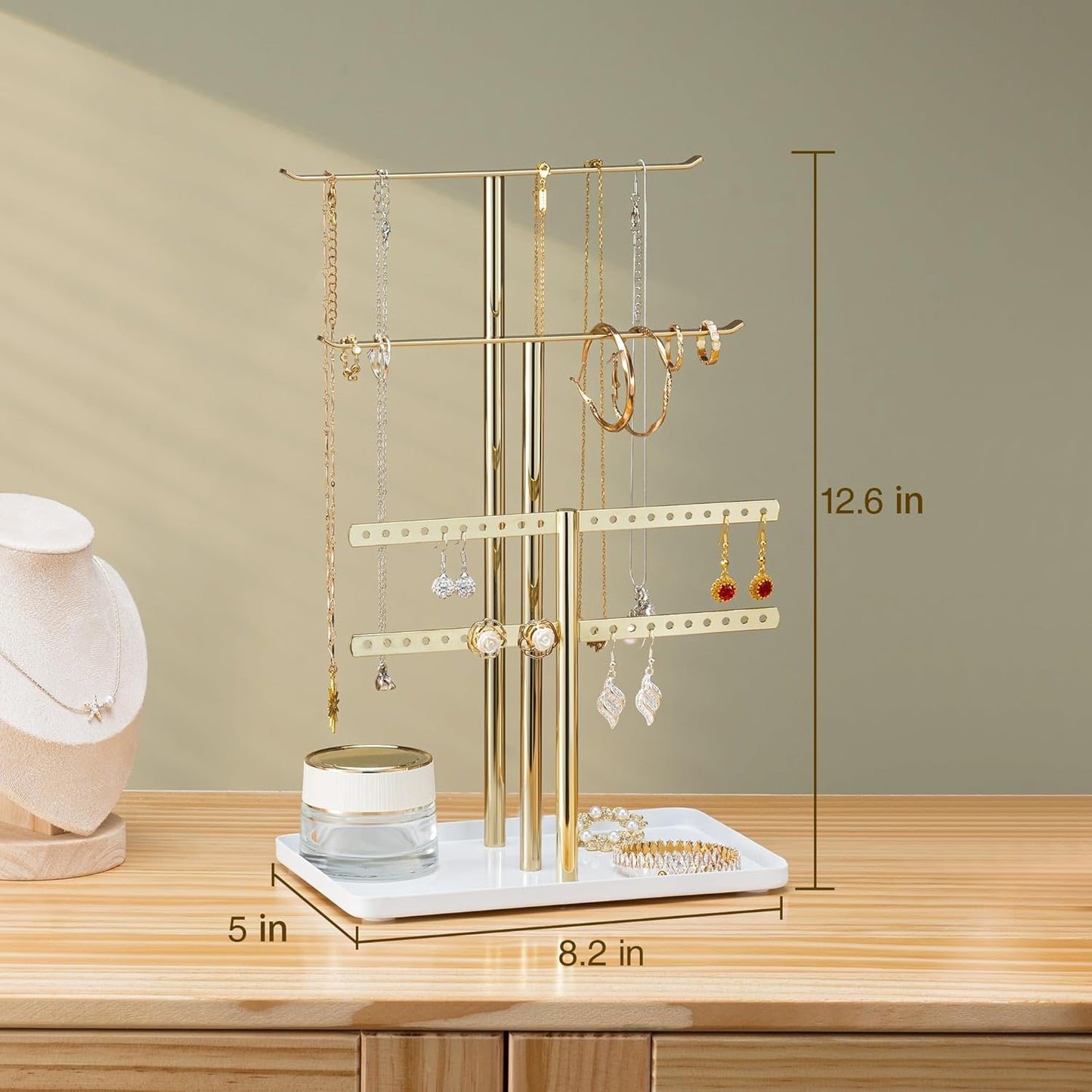 pickpiff Jewelry Stand Organizer Necklace Holder- 12.5" Sturdy Earring and Bracelet Hanger, Mirrored Gold, Aesthetic Room Decor