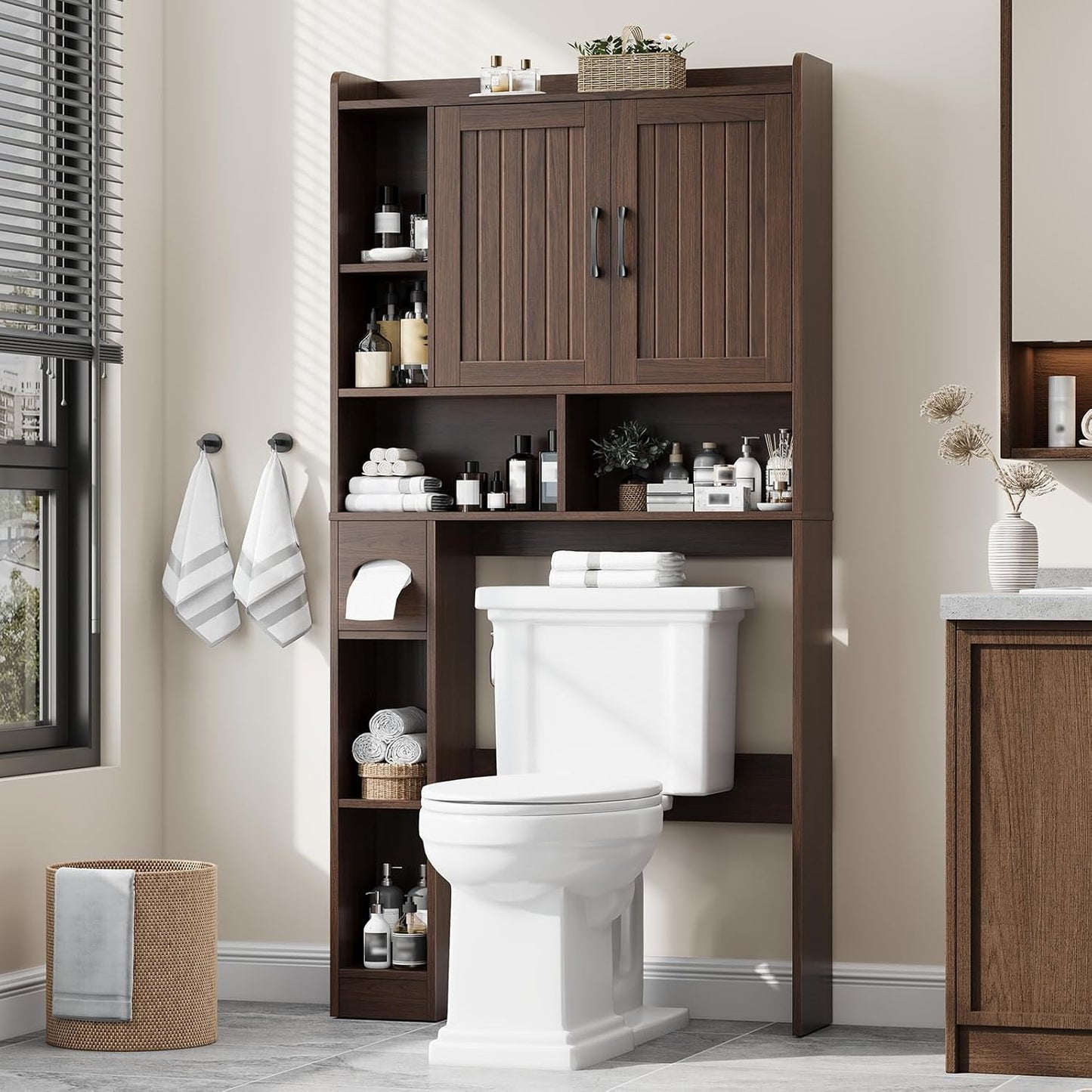 Over The Toilet Storage Cabinet, Farmhouse Storage Cabinet Over Toilet with Barn Door，Home Space-Saving Toilet Rack, for Bathroom, Restroom, Laundry