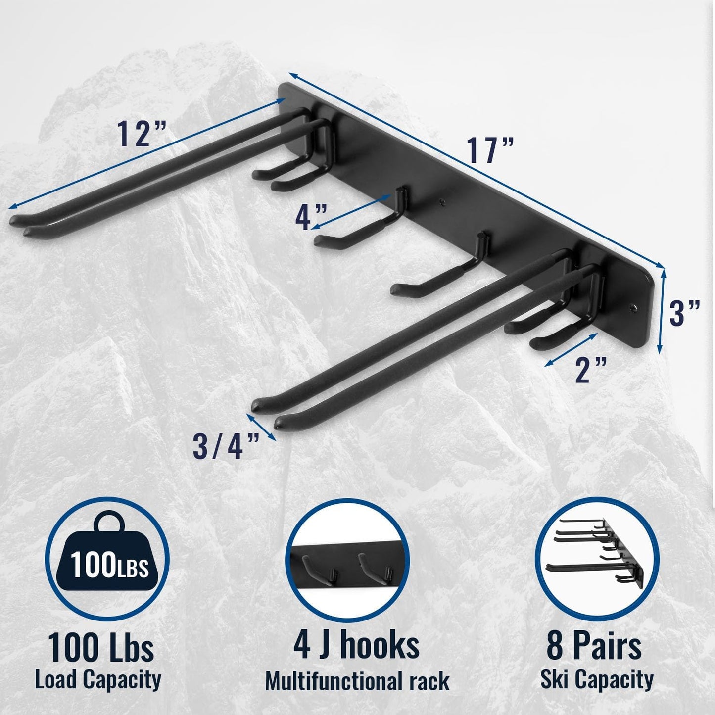 Wall Mount Ski Storage Rack,Garage Snowboard Storage Organizer 4 Pairs Metal Hooks Indoor Outdoor System Organization (Black 1pack)