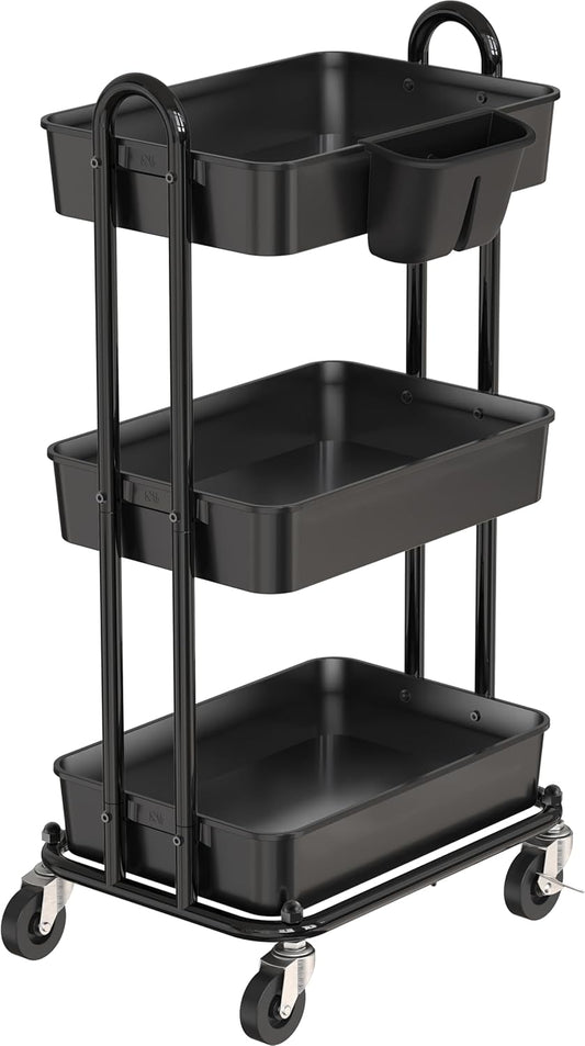 Simple Houseware 3-Tier Multifunctional Rolling Utility Cart with Hanging Bucket, Black