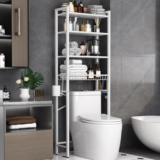 Over-The-Toilet Storage Rack, 4-Tier Bathroom Organizer Shelf Over Toilet with Adjustable Shelf and Basket, Freestanding Space Saver Bathroom Shelves Above Toilet for Room (Pure White)