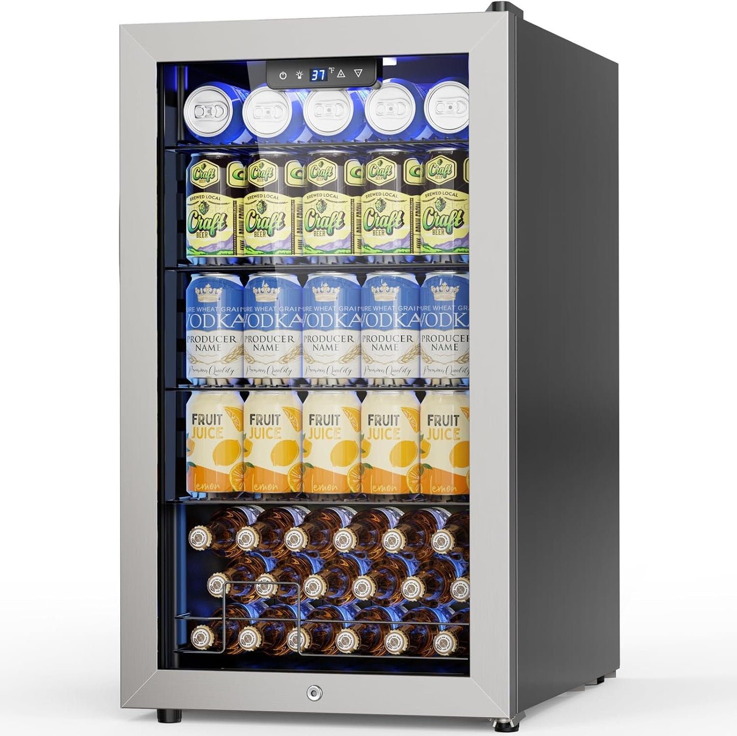 Mini Beverage Refrigerator 3.2 Cu. Ft Small Fridge 126 Can Lockable Drink Cooler with Glass Door, Safety Lock, For Beer Soda, Silver