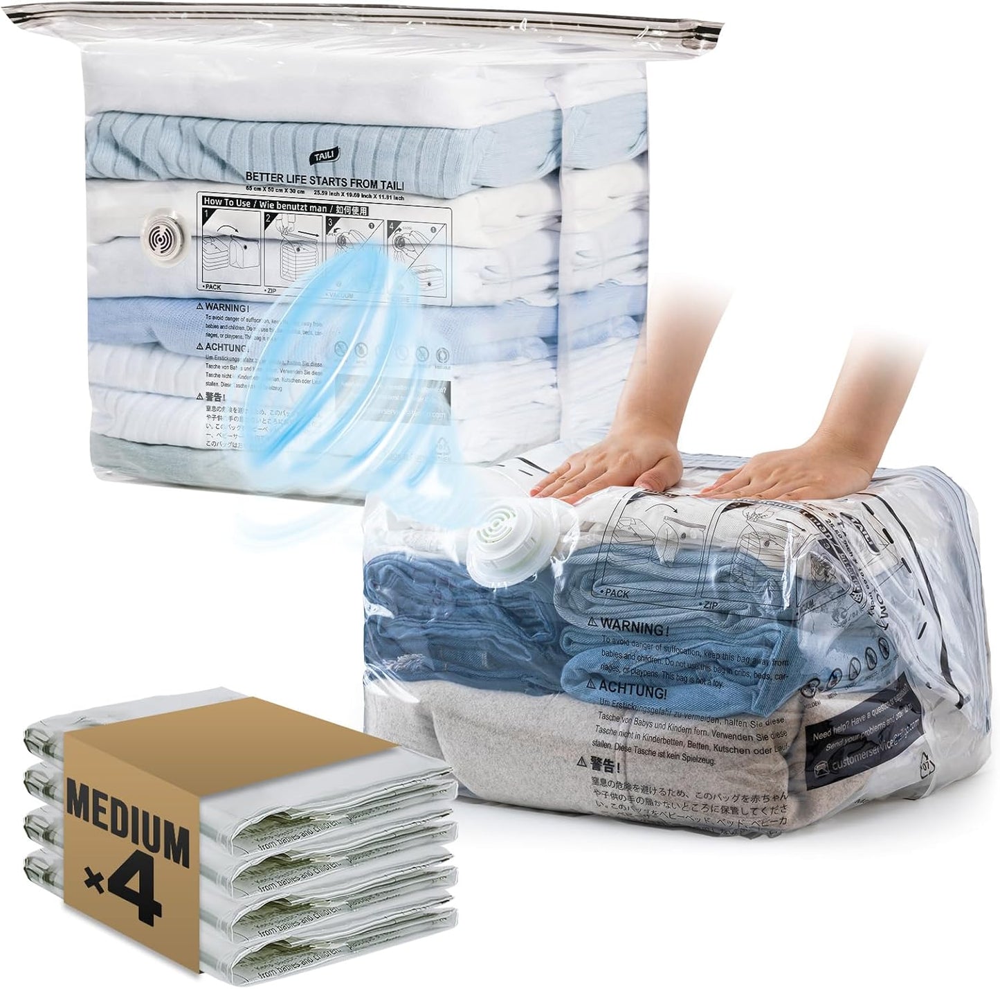 TAILI Cube Vacuum Storage Bags 4 pack, Medium Size (25x19x11 inch), Vacuum Seal Bags for Clothing, Travel Compression Packing for Clothes, Blankets, Baby Clothes, Travel Accessories