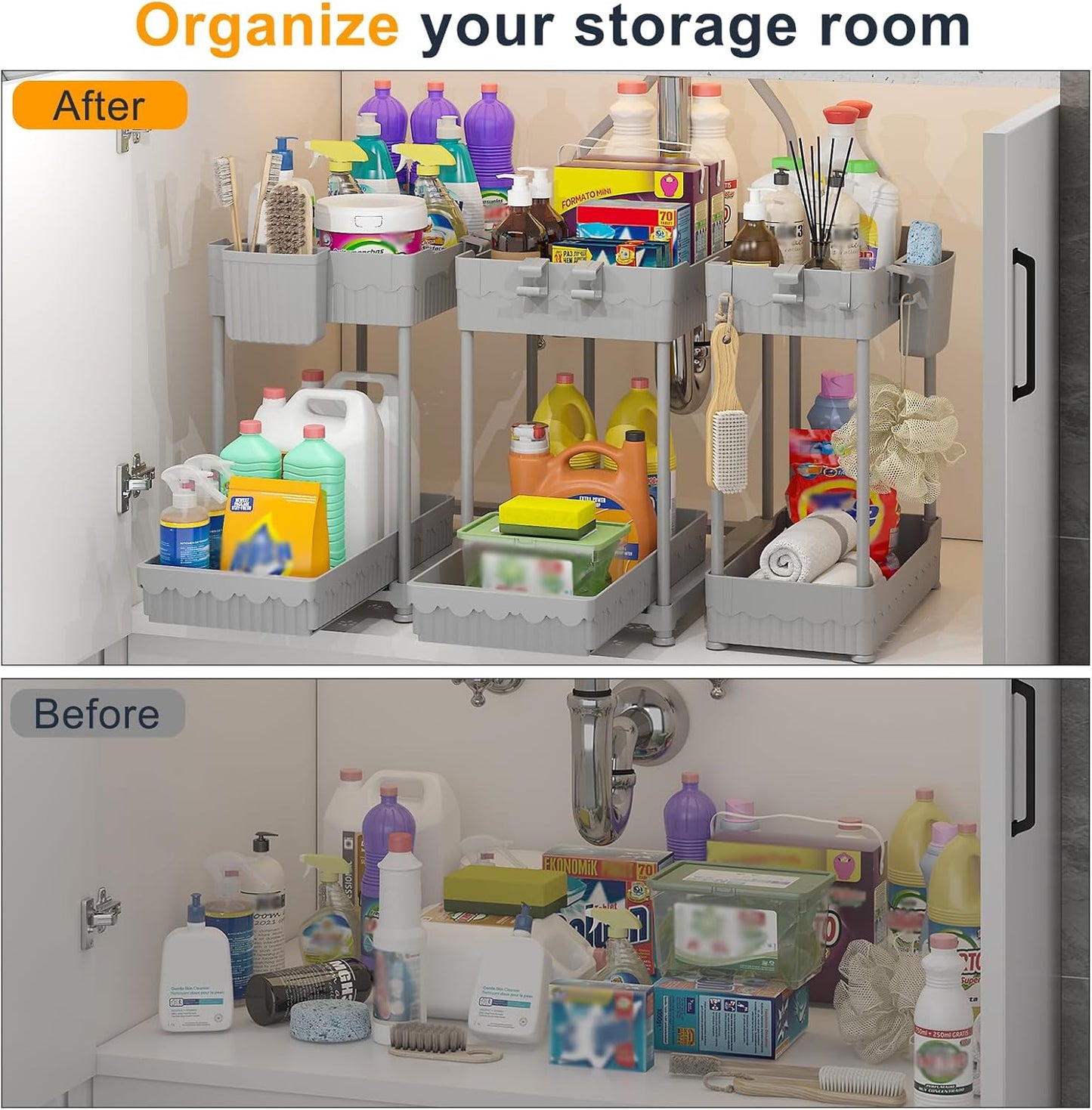 3 Pack Under Sink Organizers, 2-Tier Multi-Use Kitchen and Bathroom Organizers and Storage with Sliding Drawers，Bathroom Cabinet Organizer (Gray, 14.8 Inch)