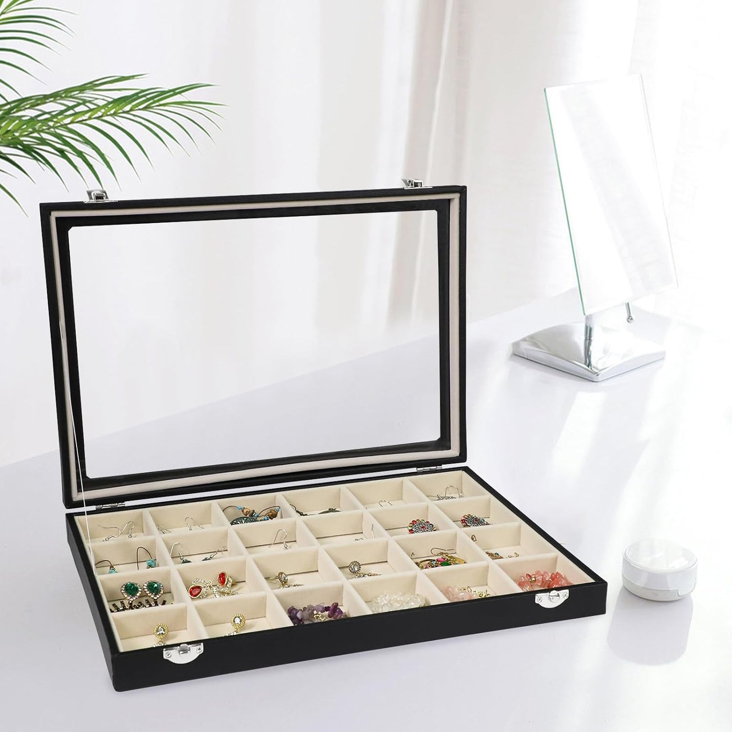Stratalife Jewelry Tray 24 Grid Earring Organizer with Clear Lid Jewelry Holder Organizer Jewelry Organizer Box Jewelry Storage Crystal Holder For Stones Display (Beige Black)