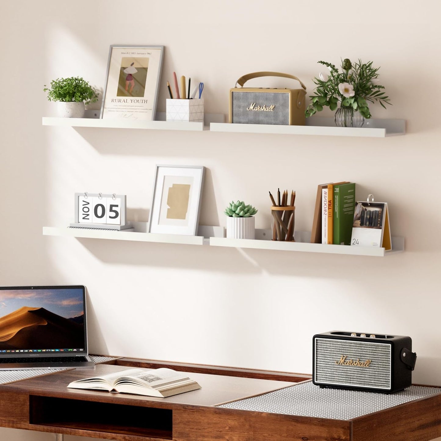 upsimples Floating Shelves for Wall, 23.6 Inch Shelves for Decor Storage Set of 6, Wall Mounted Wood Shelf for Bedroom, Living Room, Bathroom, Kitchen, Long Picture Ledge Shelves, White