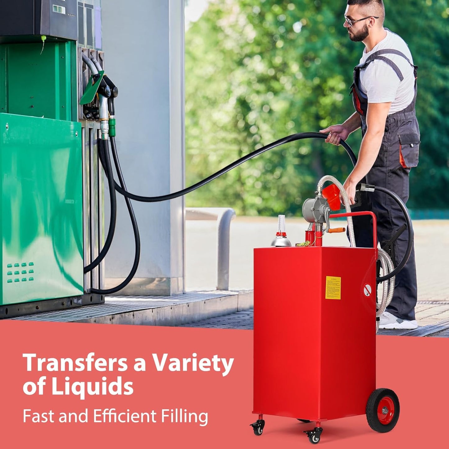 35 Gallon Gas & Diesel Fuel Caddy with Transfer Pump – Mobile Fuel Storage Tank with 4-Wheel Cart for Boats, Lawn Mowers, Snowblowers, Motorcycles & Construction Equipment - Red