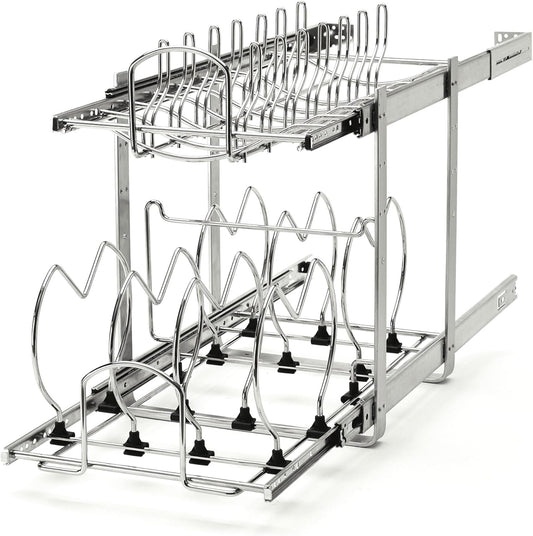 Rev-A-Shelf 2-Tier Kitchen Cabinet Pullout 11.75" Cabinet Organizer for Pots, Pans, and Lid Cookware, Adjustable Heavy Duty Wire, Chrome, 5CW2-1222-CR