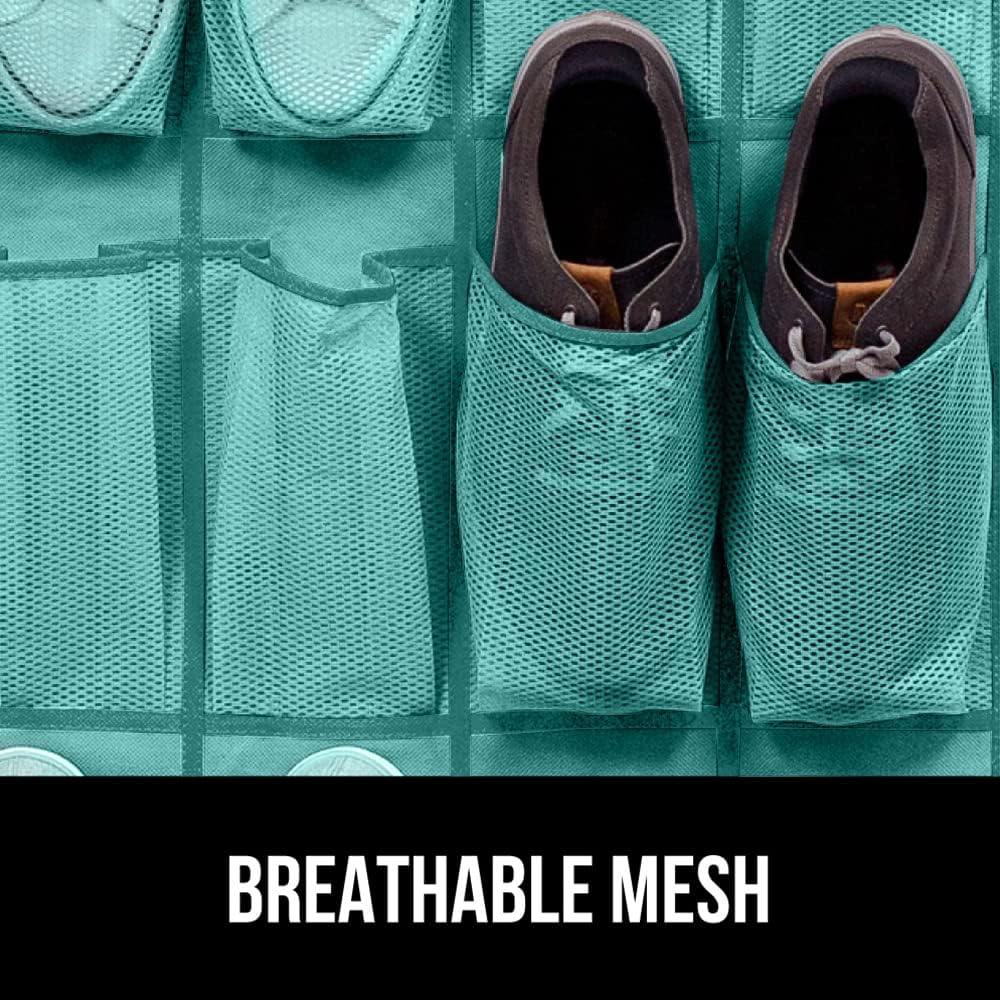 GORILLA GRIP Over the Door Shoe Organizer, 24 Large Breathable Mesh Pockets, Space Saving Hanging Storage Holder, Closet Rack Hanger Holds Up to 40 lbs, Hangs on Closets, Shoes, Accessories, Turquoise