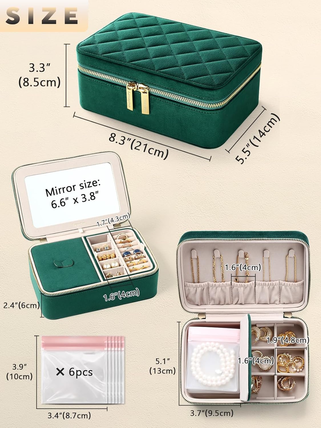 Velvet Travel Jewelry Box with Large Mirror, Double-Layer Jewelry Organizer Case for Women and Girls, Portable Storage Case with 6 Anti-Tarnish Bags Gift Ready for Her (Emerald Green)