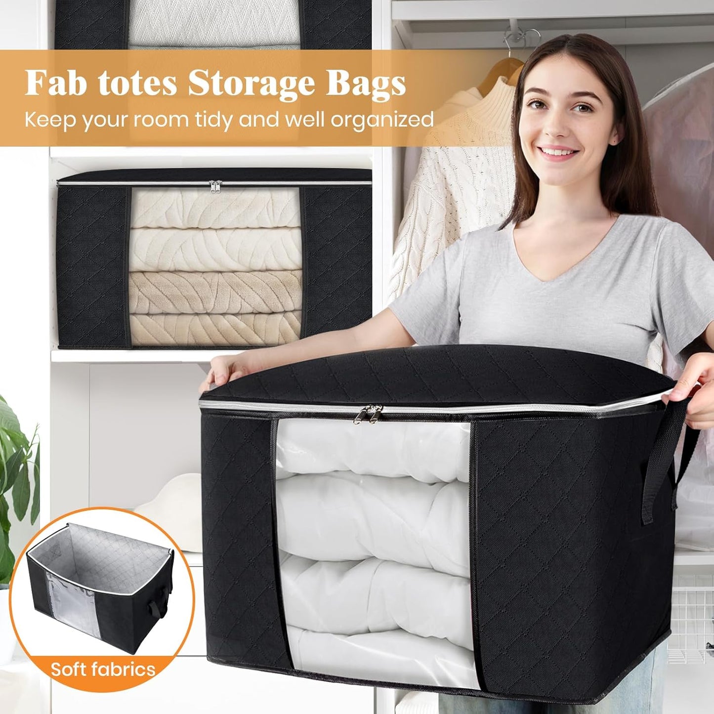 Fab totes 24 Gallons Clothes Storage, Foldable Thick Fabric Blanket Storage Bags, Containers for Organizing Bedroom, Closet, Clothing, Comforter, Organization with Handle (4 Pack,Black)