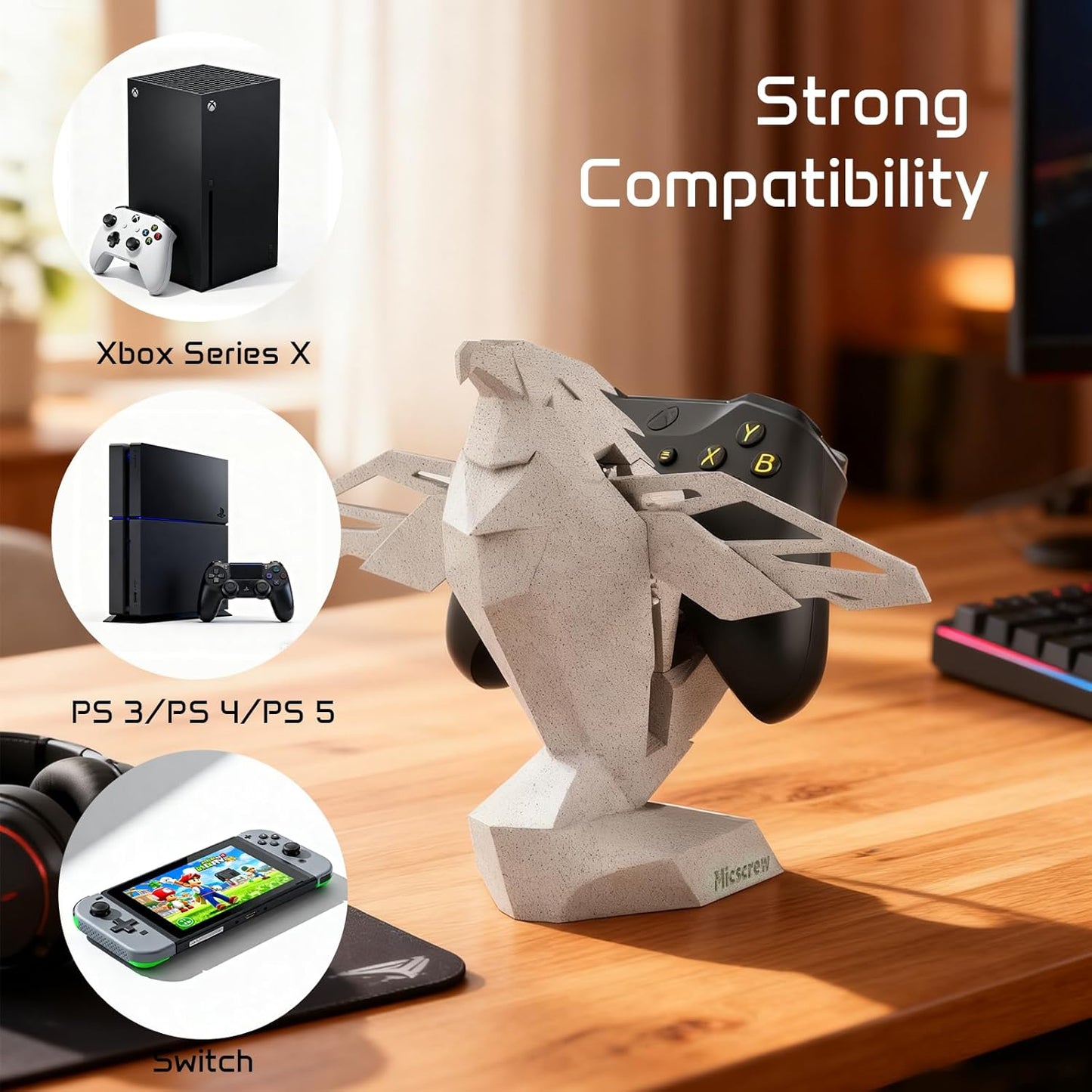 Controller Holder for Xbox/PS/Switch – Monument Marble-Style Eagle Stand, Auto-Spreading Wings, Dual Placement, Scratch-Free Curved Tail Design