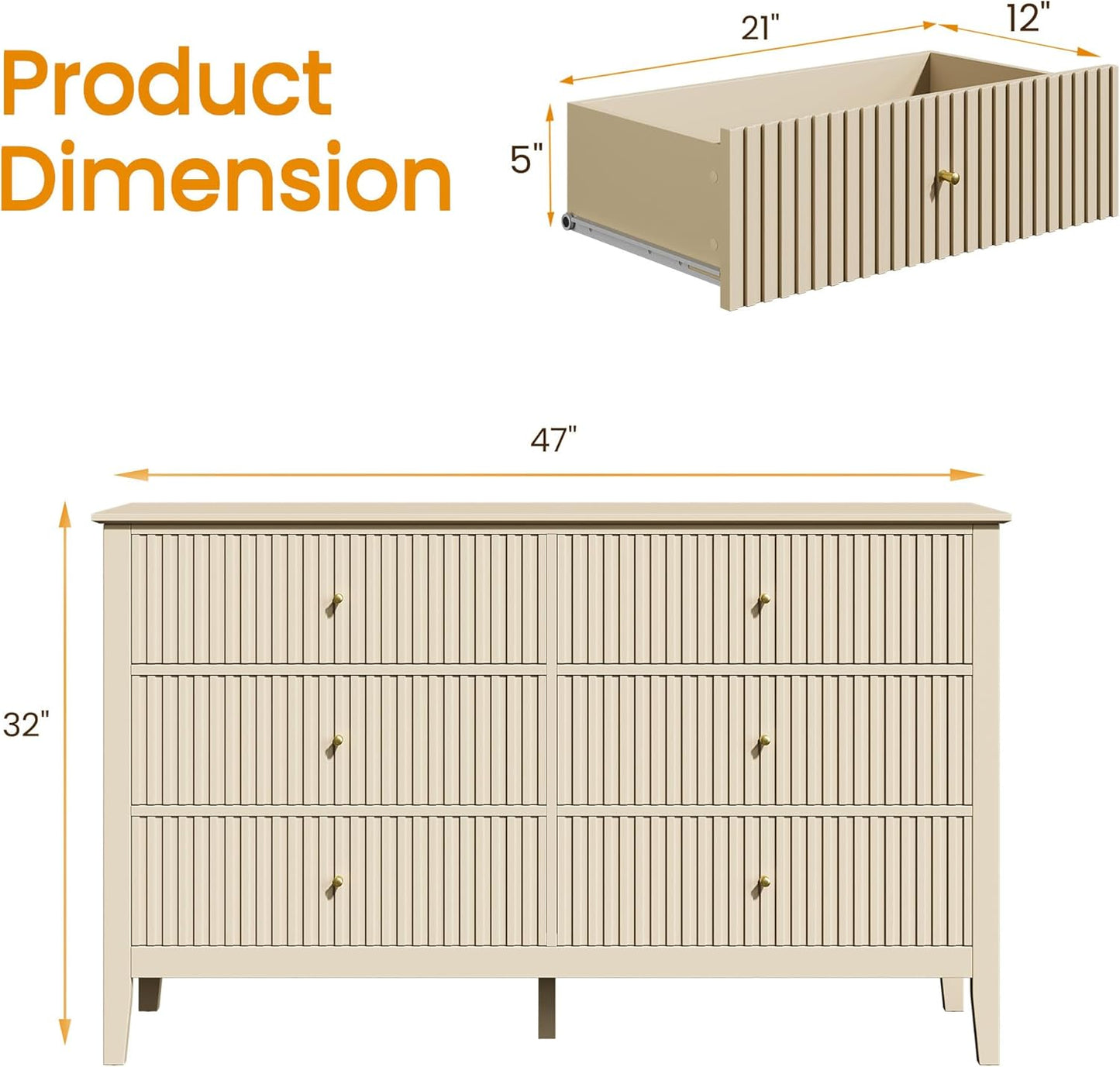RoyalCraft Beige 6 Drawer Dresser, Fluted Modern Wood Chest of Drawers, Long Dresser for Bedroom TV Stand Storage Cabinet for Living Room