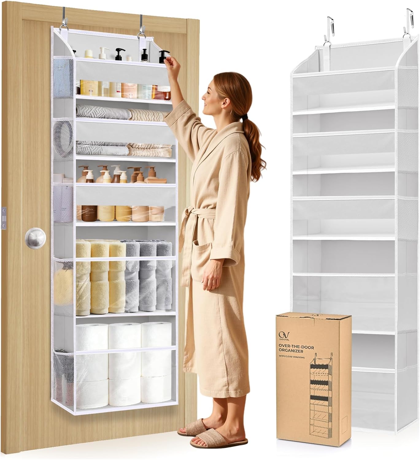 5 Tiers Over Door Organizer with 10 Mesh Side Pockets, 50 lbs Weight Capacity Hanging Storage Organizer with Clear Window Kids Toys, Shoes, Diapers, Light Gray