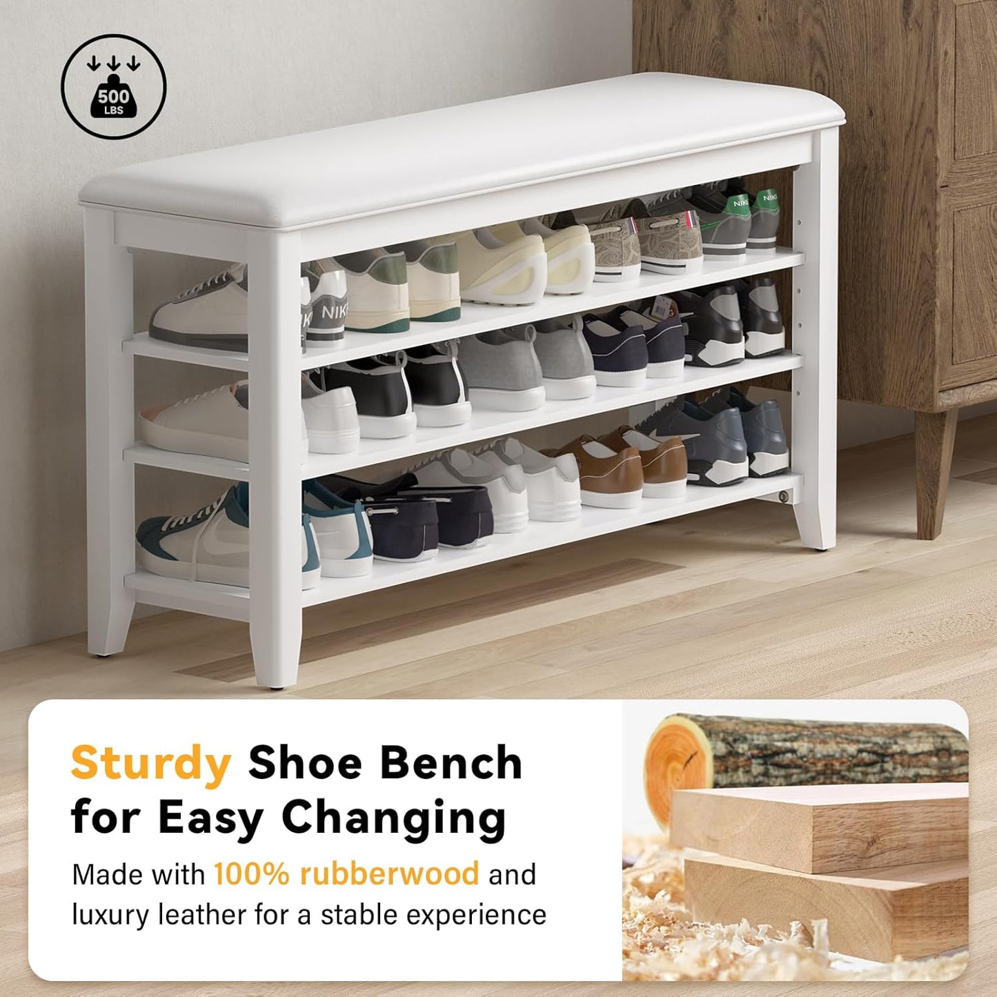 Shoe Rack Bench Entryway Storage with Leather Cushion, Shoe Organizer Bench for Entryway, Ideal for Front Doors Entrances Hallway Mudroom Featuring Rubberwood And 3 Height-Adjustable Removable Shelve