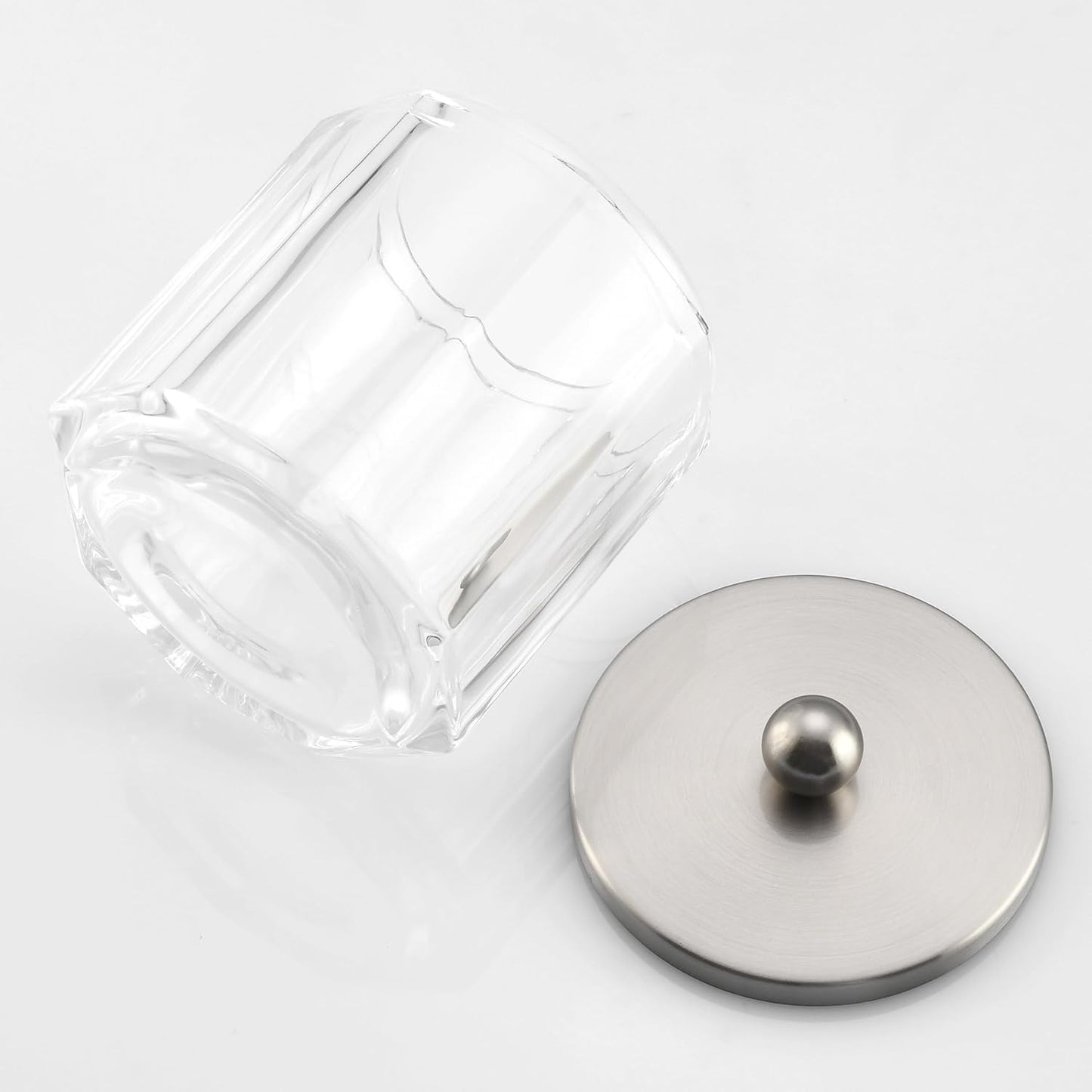 Clear Transparent Apothecary Octagional Shaped Glass Canister Jar With Satin Nickel Metal Lid Cover for Bathroom Organization, Cotton Balls, Q Tips, and Small Accessories, Bath Storage