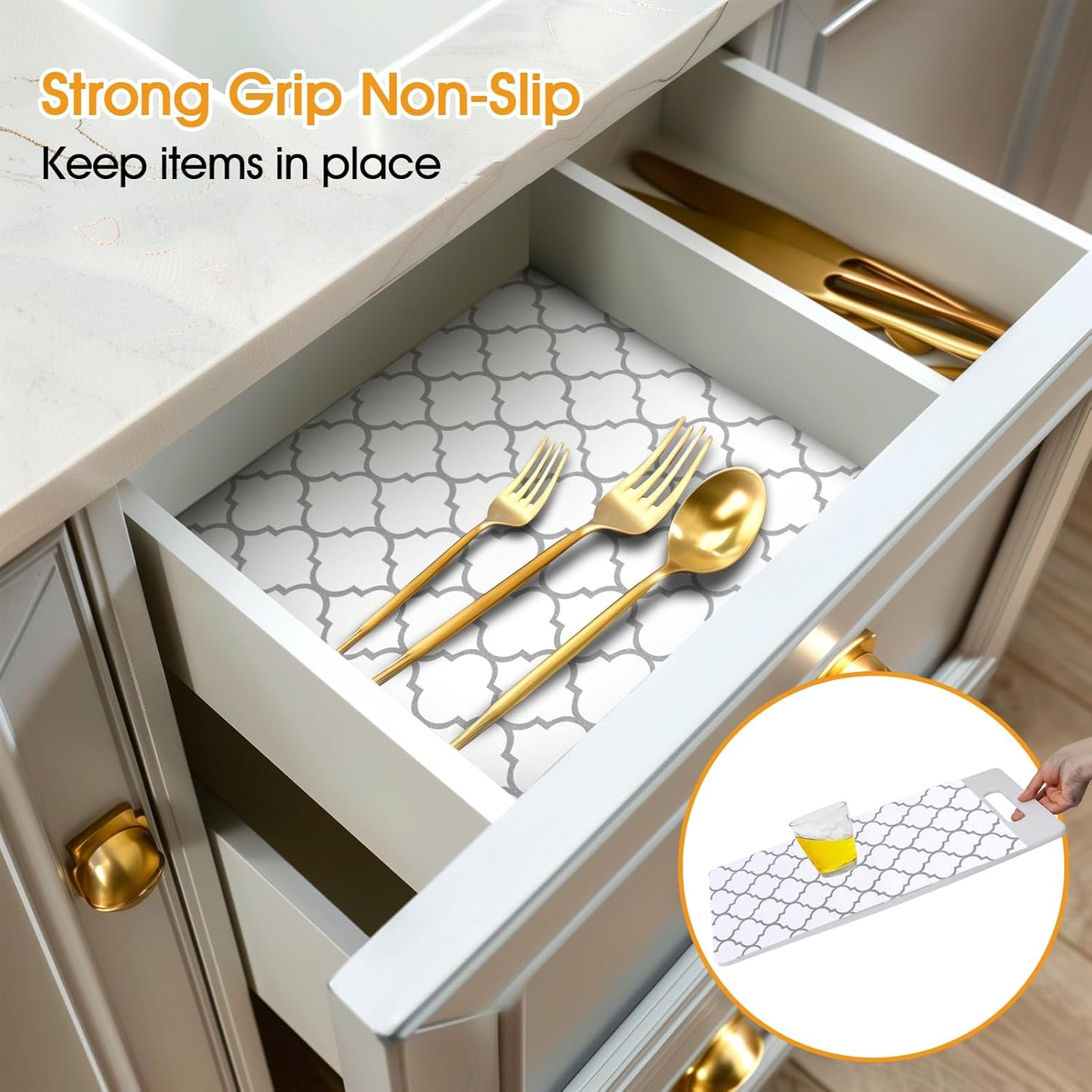 Shelf and Drawer Liner for Kitchen Cabinets Non-Adhesive, Strong Grip Non-Slip Thickened Cabinet Liners for Shelves, Waterproof Mats for Dresser Cupboard, White/Gray, 23 in x 30 Feet