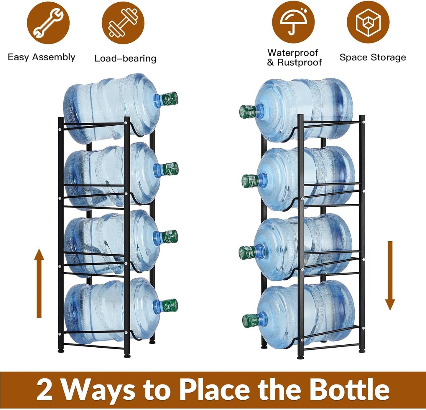 smusei 5 Gallon Water Bottle Holder 4 Tier Water Cooler Jug Stand Storage with 4 Slots for 5 Gal Water Dispenser Black Water Bottle Organizer Rack Metal for Office, Kitchen, Home