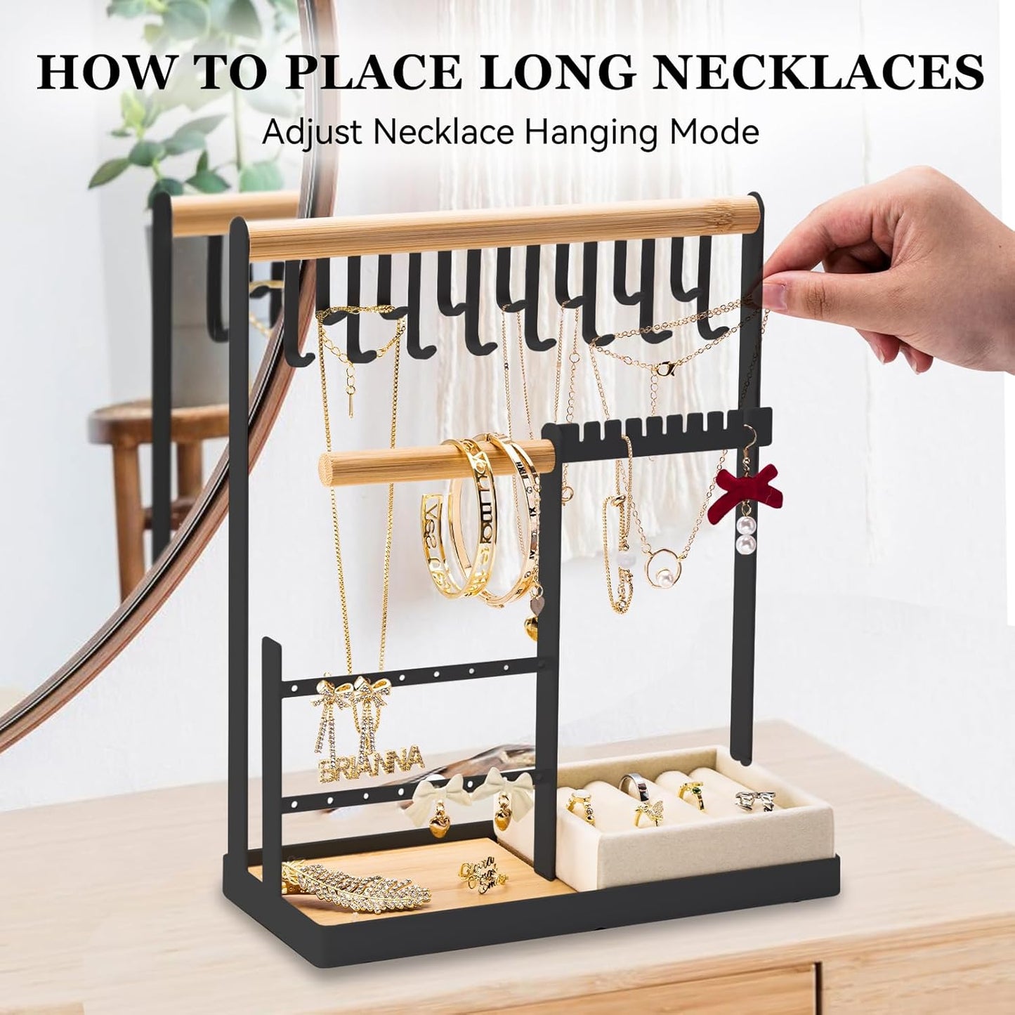 DreamGenius Jewelry Organizer Stand with Velvet Ring Holder, 4 Tier Jewelry Holder Organizer with 15 Hooks for Necklaces and 16 Holes for Earrings, Black