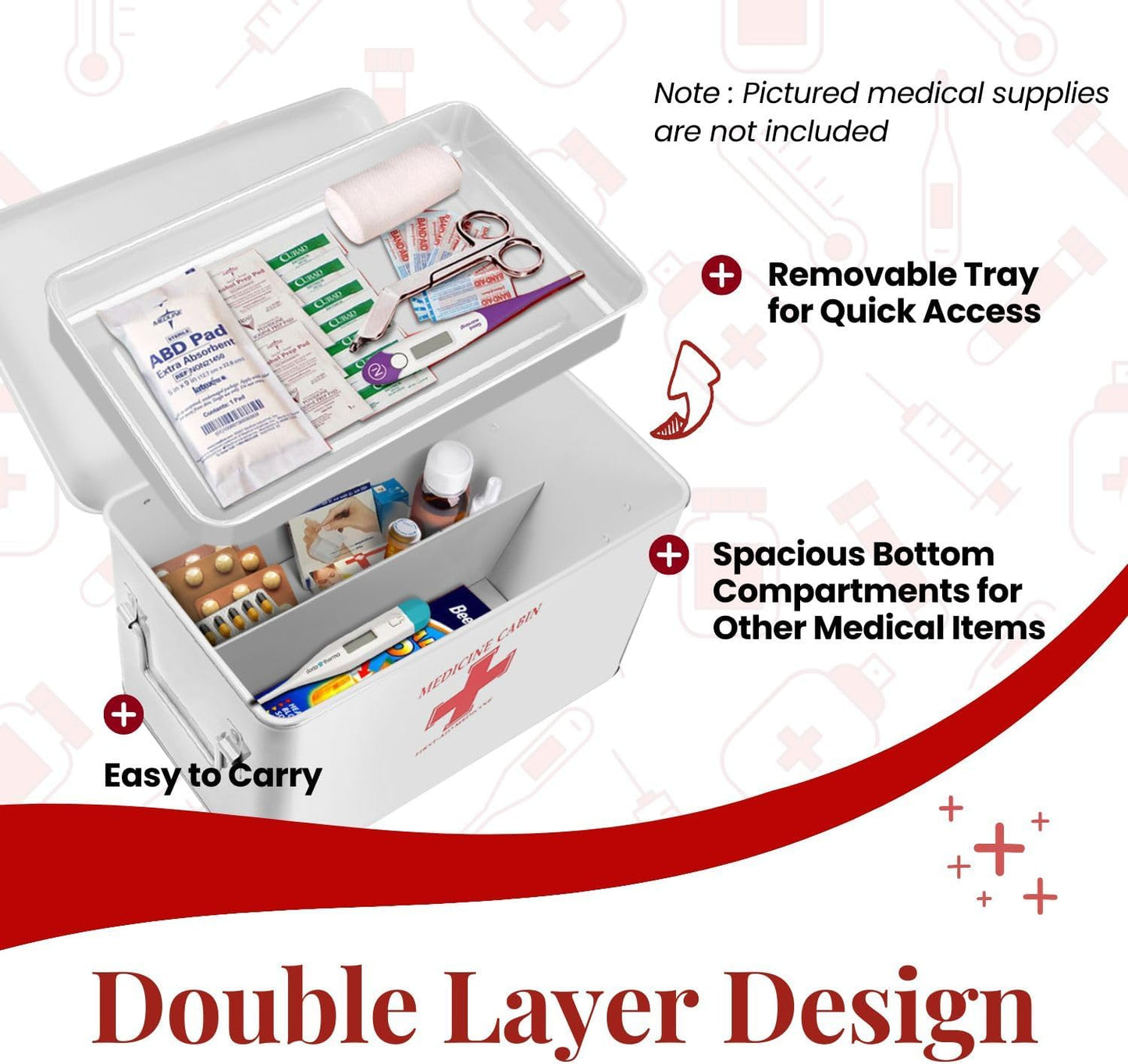 Flexzion First Aid Box Organizer Empty 13" White Vintage First Aid Kit Tin Metal Medical Box - First Aid Storage Box Container Bins with Dividers, Removable Tray and Red Cross Logo