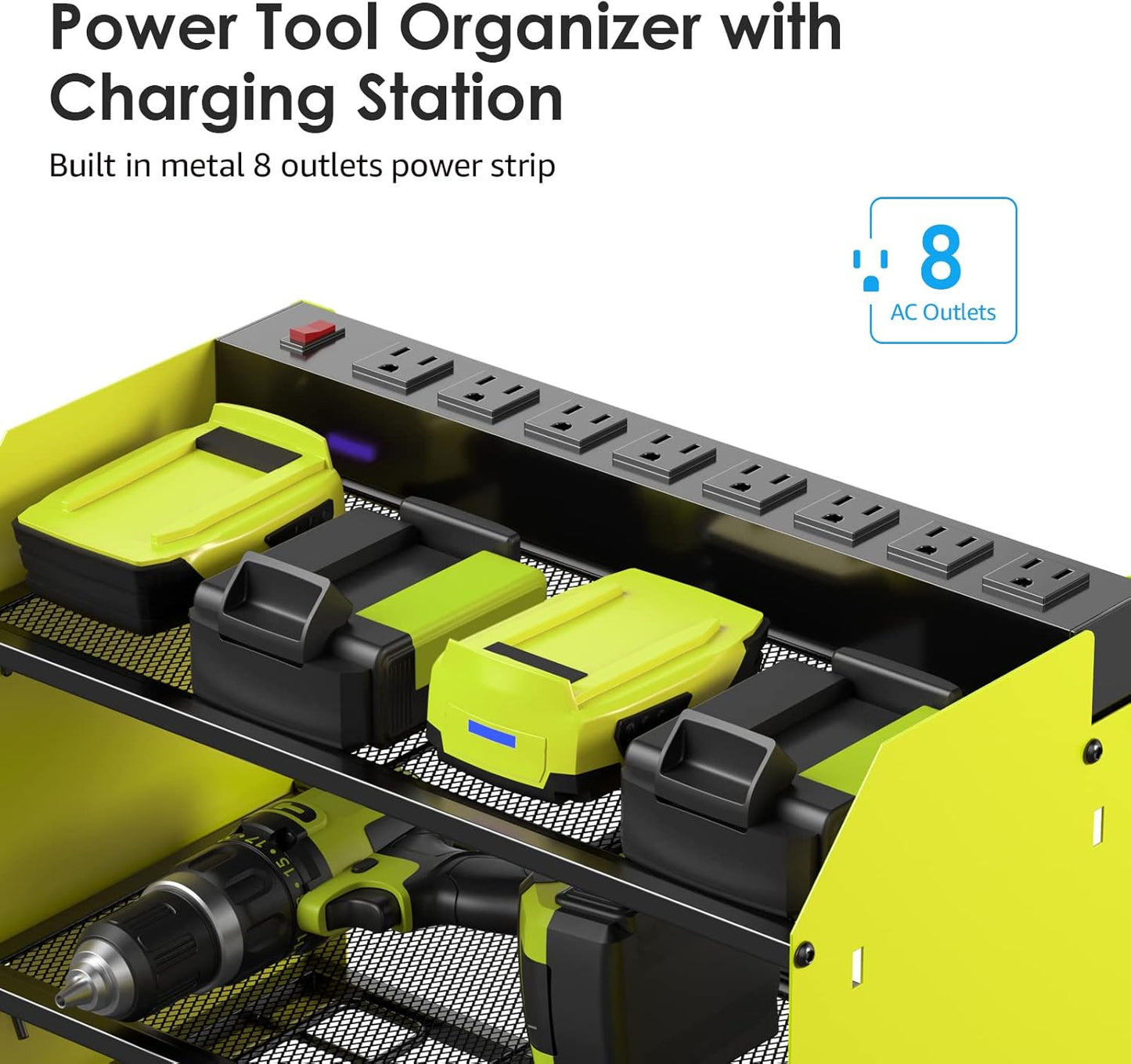 CCCEI Modular Power Tool Organizer Wall Mount with Charging Station. Garage Drill Storage Shelf with Hooks, Heavy Duty Rack, Tool Battery Holder Built in 8 Outlet. Gift for Men. Green, 1 Pack.