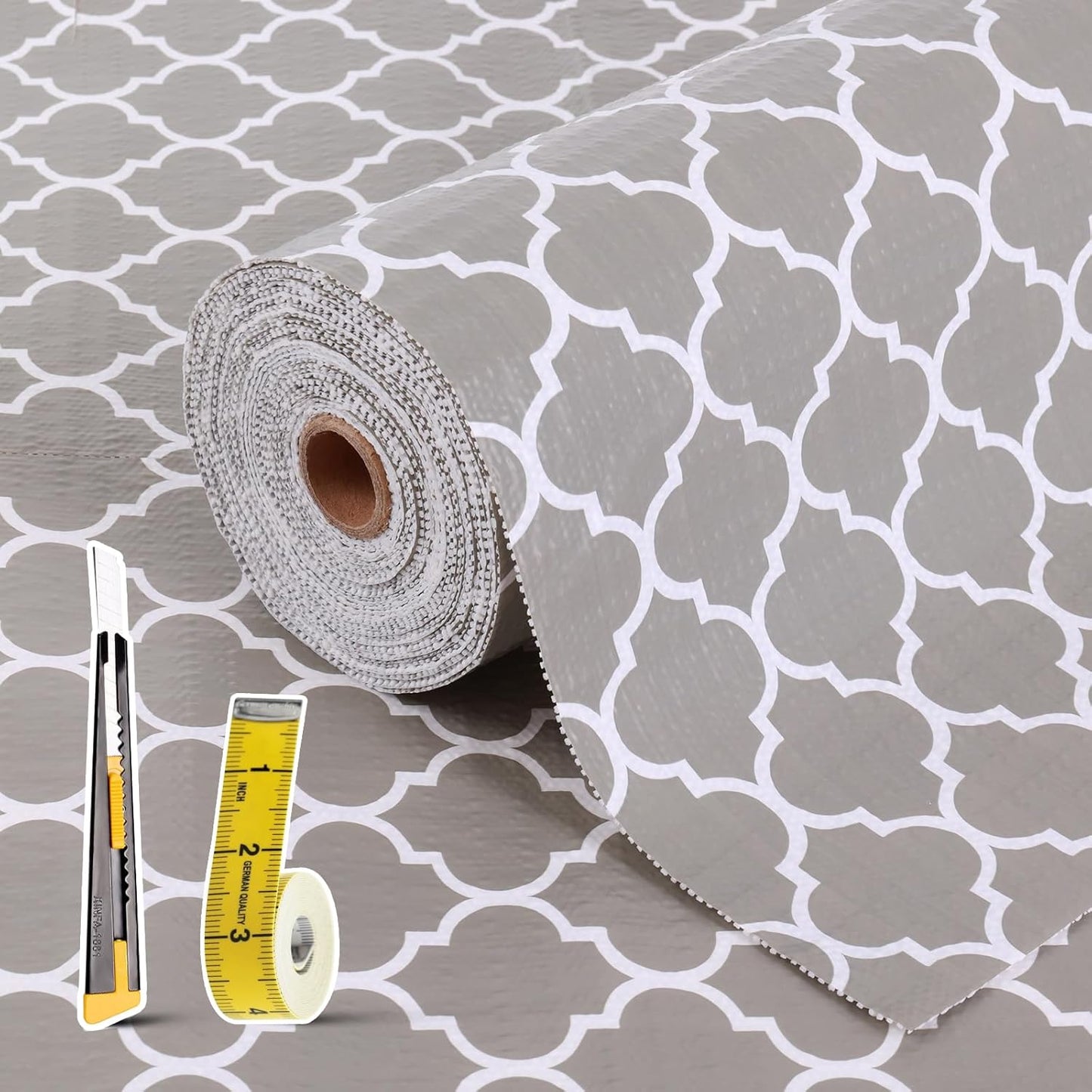 Drawer and Shelf Liner for Kitchen Cabinet: 17 in X 20 Ft Non Slip Waterproof Shelf Paper Non Adhesive Refrigerator Liners Gray Quatrefoil Easy Liners for Bathroom Cupboard with Knife Tape Measure