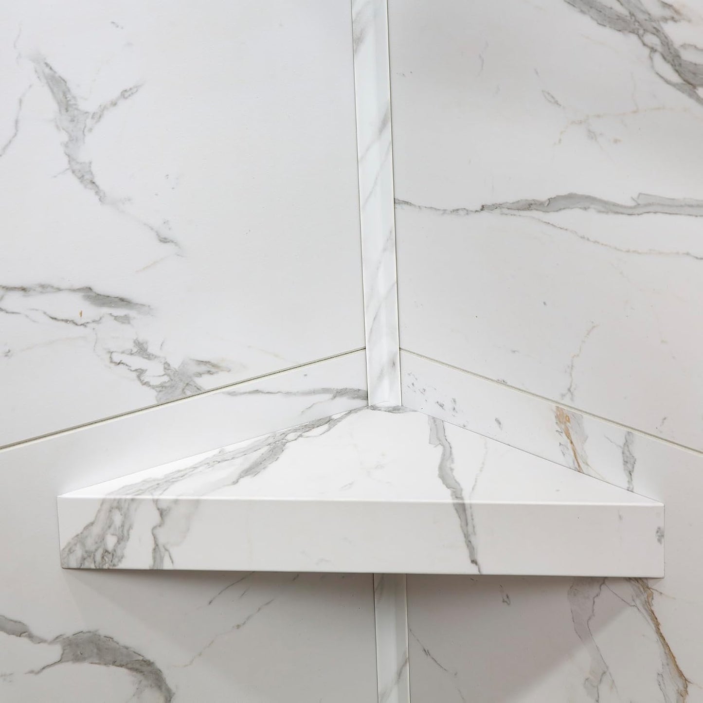 Palisade Vinyl Waterproof Corner Shower Shelf in Carrara Marble/Urban Glacier