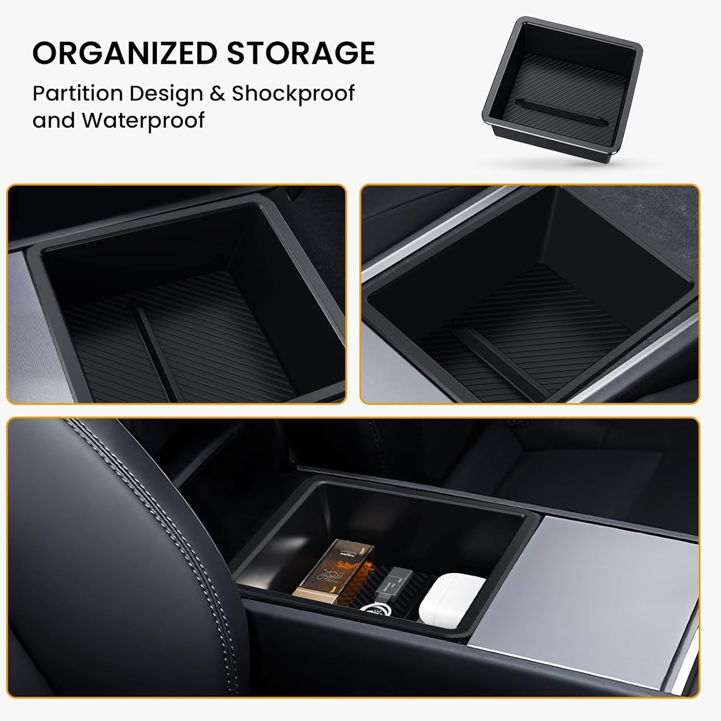 2PCS Center Console Organizer Tray for Tesla 2025 Model Y Juniper & Model 3 Highland 2025 2024, 2025 Upgrade Car Accessories with Center Console Storage Tray Armrest Hidden Storage Box