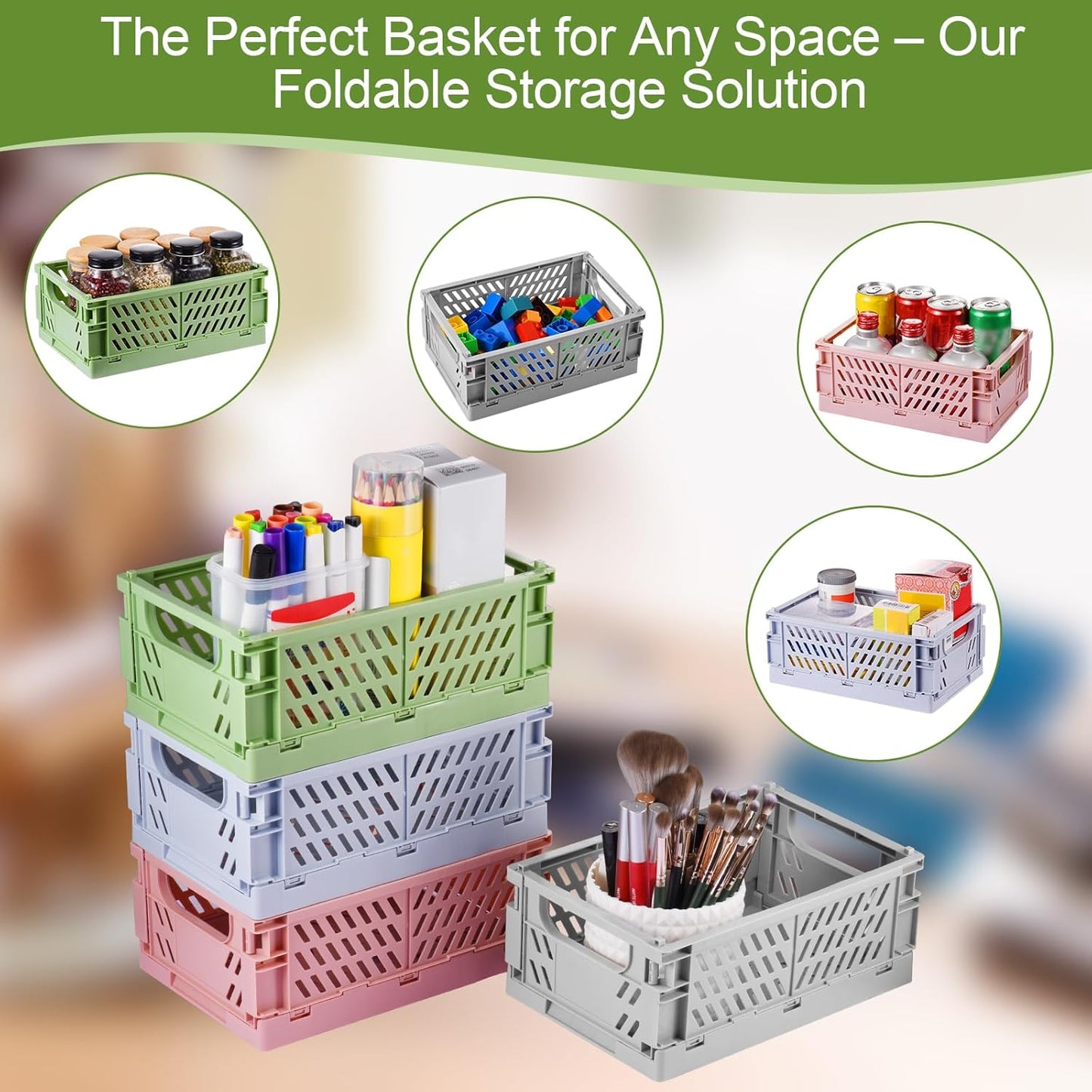 4-Pack Small Pastel Plastic Storage Baskets, Collapsible Crates for Organizing, Space-Saving Mini Bins for Classroom, Kitchen, Office, Bedroom (Green, 9.8" x 6.5" x 3.8")