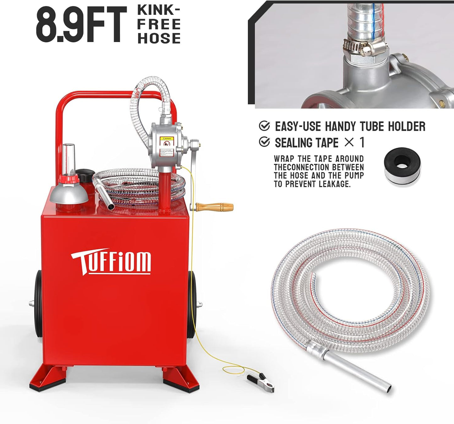 TUFFIOM 15 Gallon Fuel Gas Caddy w/Wheels & Manual Siphon Pump, Portable Diesel Fuel Transfer Storage Tank w/8.9ft Hose, Gasoline Can Container for ATV Car Mowers Tractor Boat Motorcycle