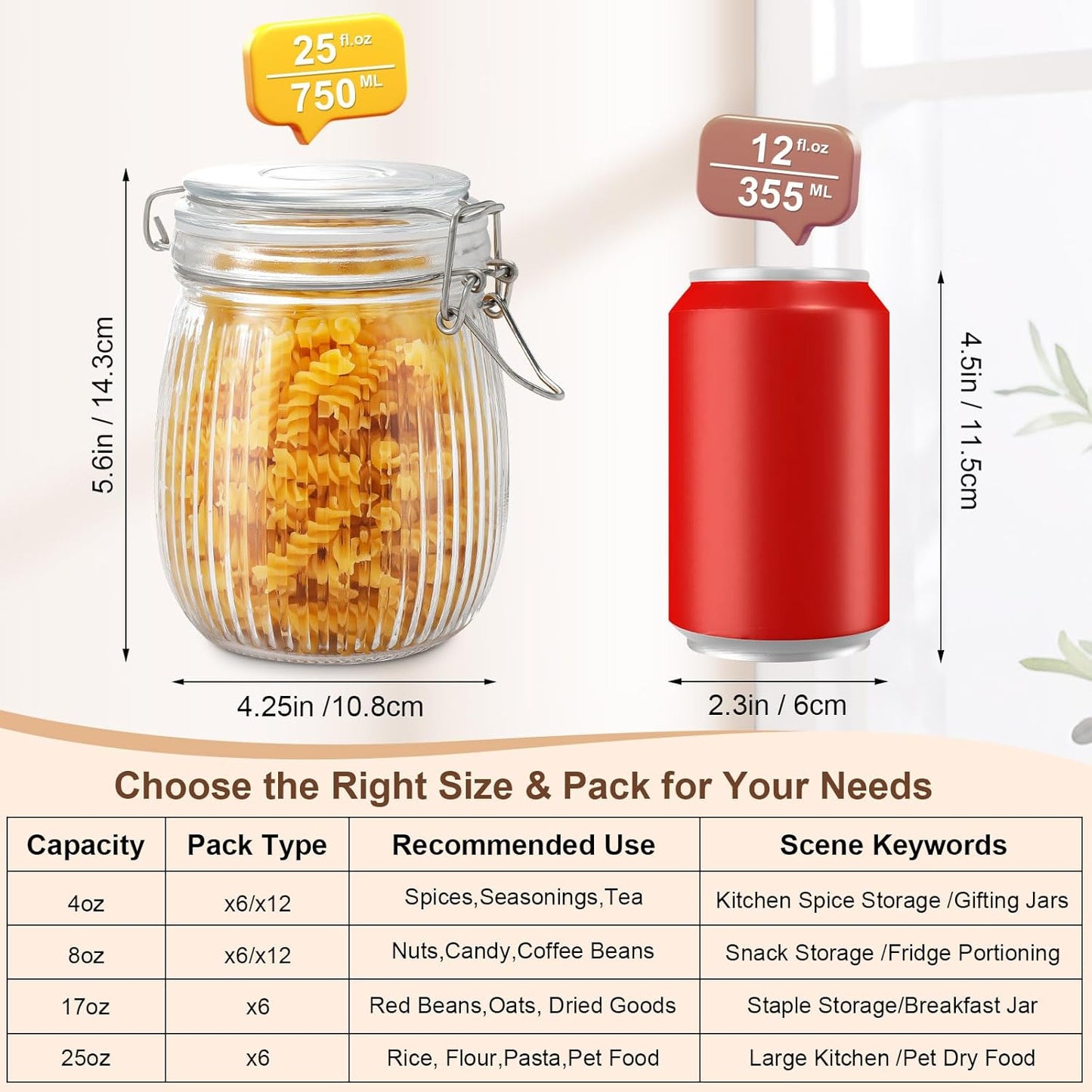 25oz Airtight Glass Jars with Lids, Set of 6 Food Storage Containers & Canisters, Clear Mason Jars with Clamp Seal for Canning, Cereal, Coffee, Pasta, Sugar, Beans & Spices