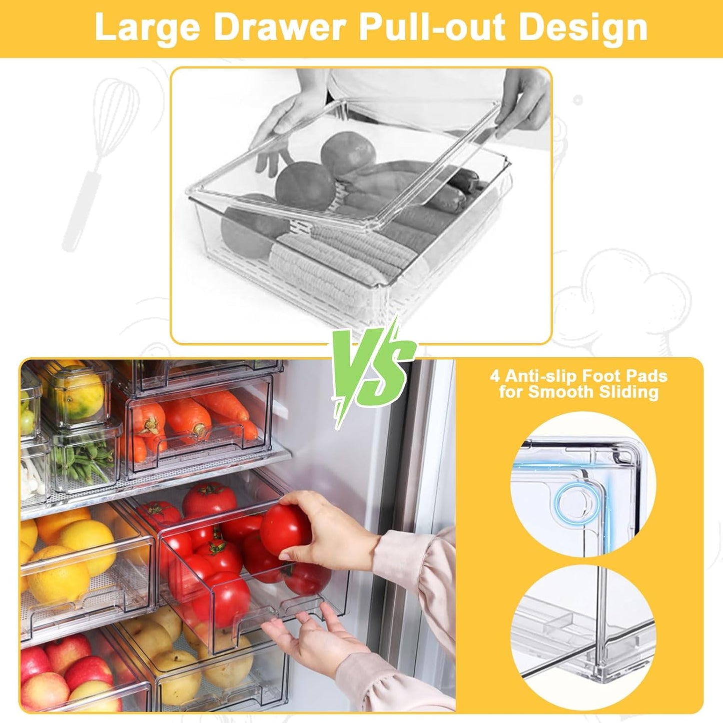 YINGRACE 7 Pack Fridge Organizer Bins, Stackable Refrigerator Organizers and Storage, With a Pull-out Drawer, BPA-Free Clear Containers For Fruit, Vegetable, Drinks