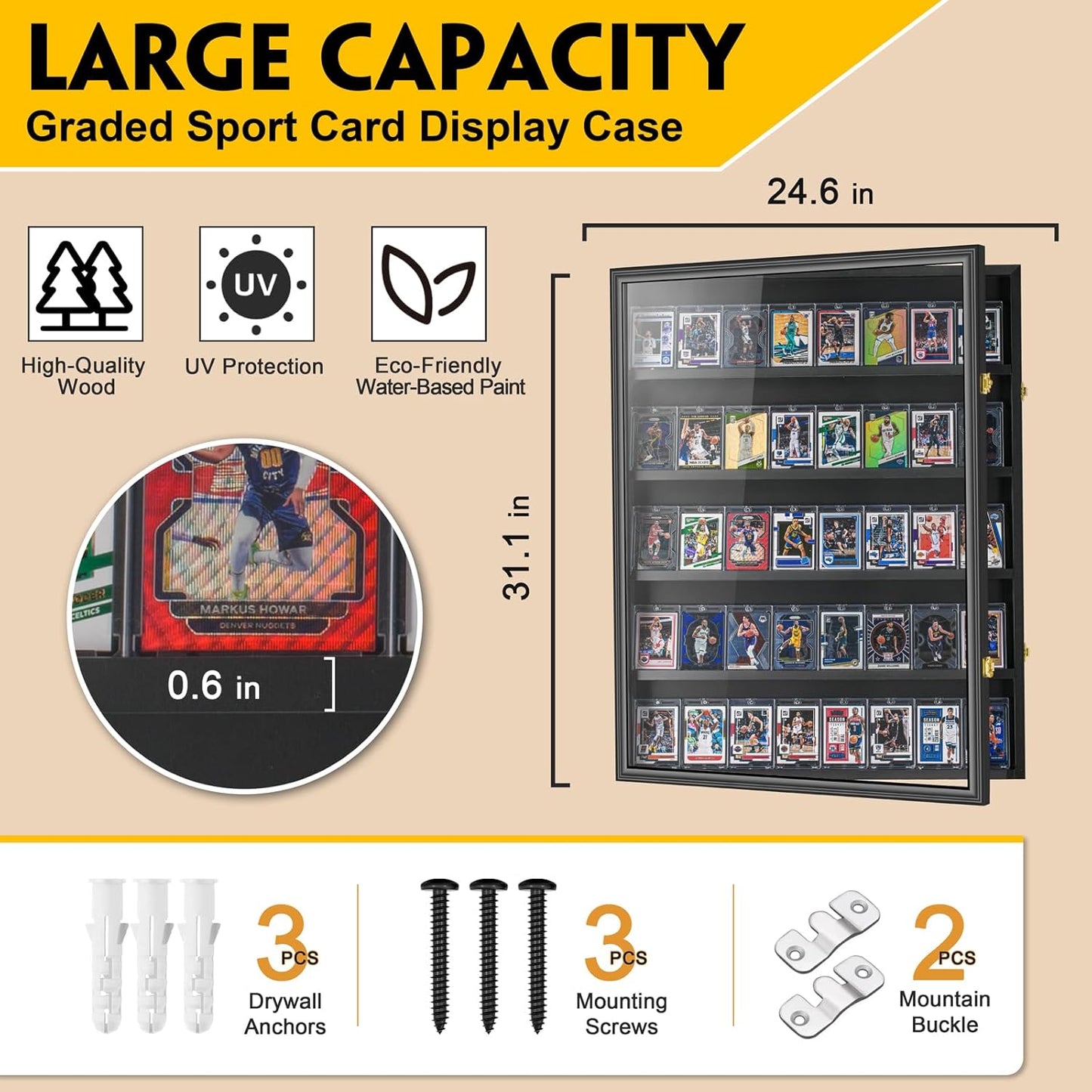 40 Graded Sport Card Display Case XL Baseball Card Display Case Wooden Wall Cabinet for Basketball Football Hockey Trading Cards Display Collectibles Souvenirs