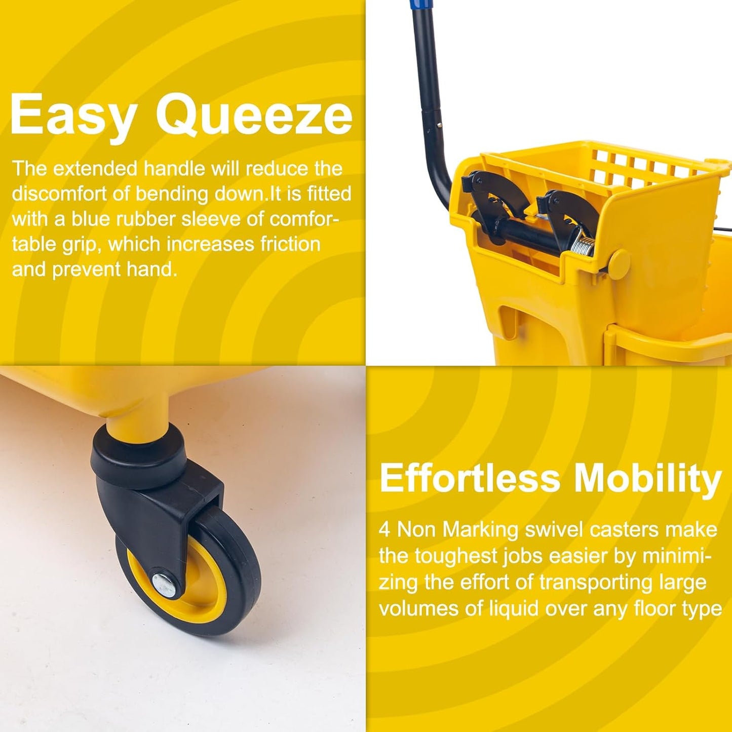 KeFanta 35 Quart Commercial Mop Bucket with Side Press Wringer on Wheels,Yellow,Include Heavy Duty Industrial Mop for Floor Cleaning,Household,Business,Restaurants and Janitorial Use