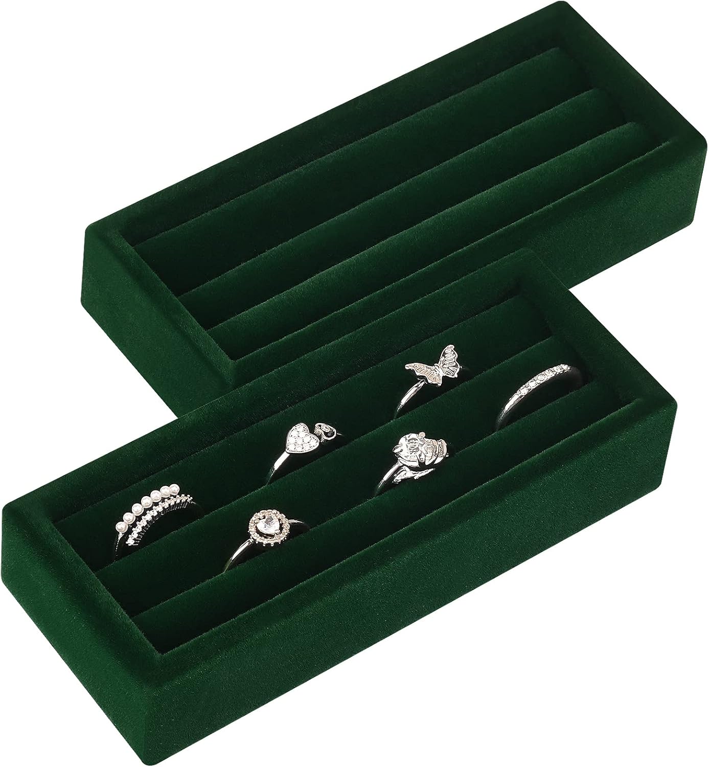Small Jewelry Tray-Ring Organizer 2PCS Premium Velvet Rings Earrings Display Tray Storage Insert Holder for Jewelry Box, Drawer, Dresser (3 Slots, Green)