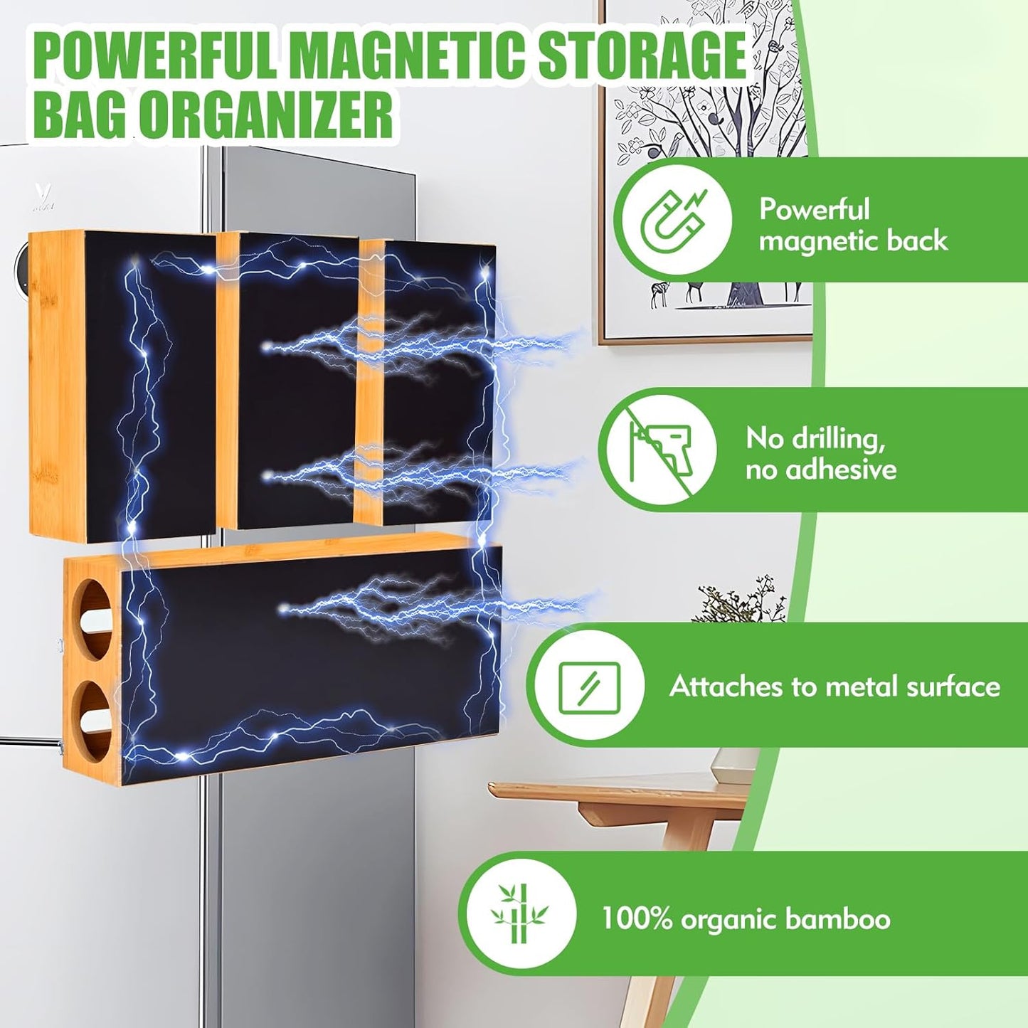 Magnetic Ziplock Bag Organizer for Refrigerator or Drawer, Bamboo Foil and Plastic Wrap Organizer with Cutter, Kitchen Food Storage Bag Holder for Gallon, Quart, Snack, Sandwich, Size Baggie
